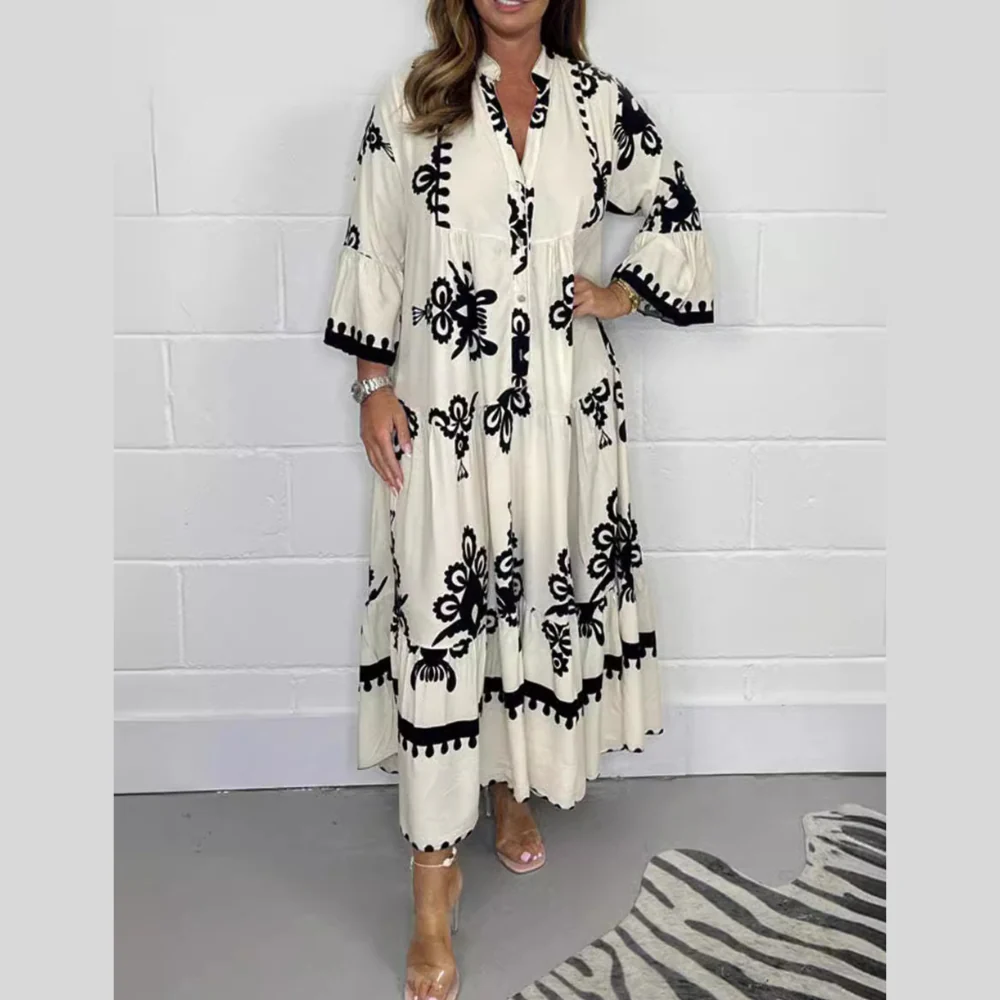 Full Size Printed Notched 3/4 Sleeve Midi Dress Plus Size - ZKZOOK