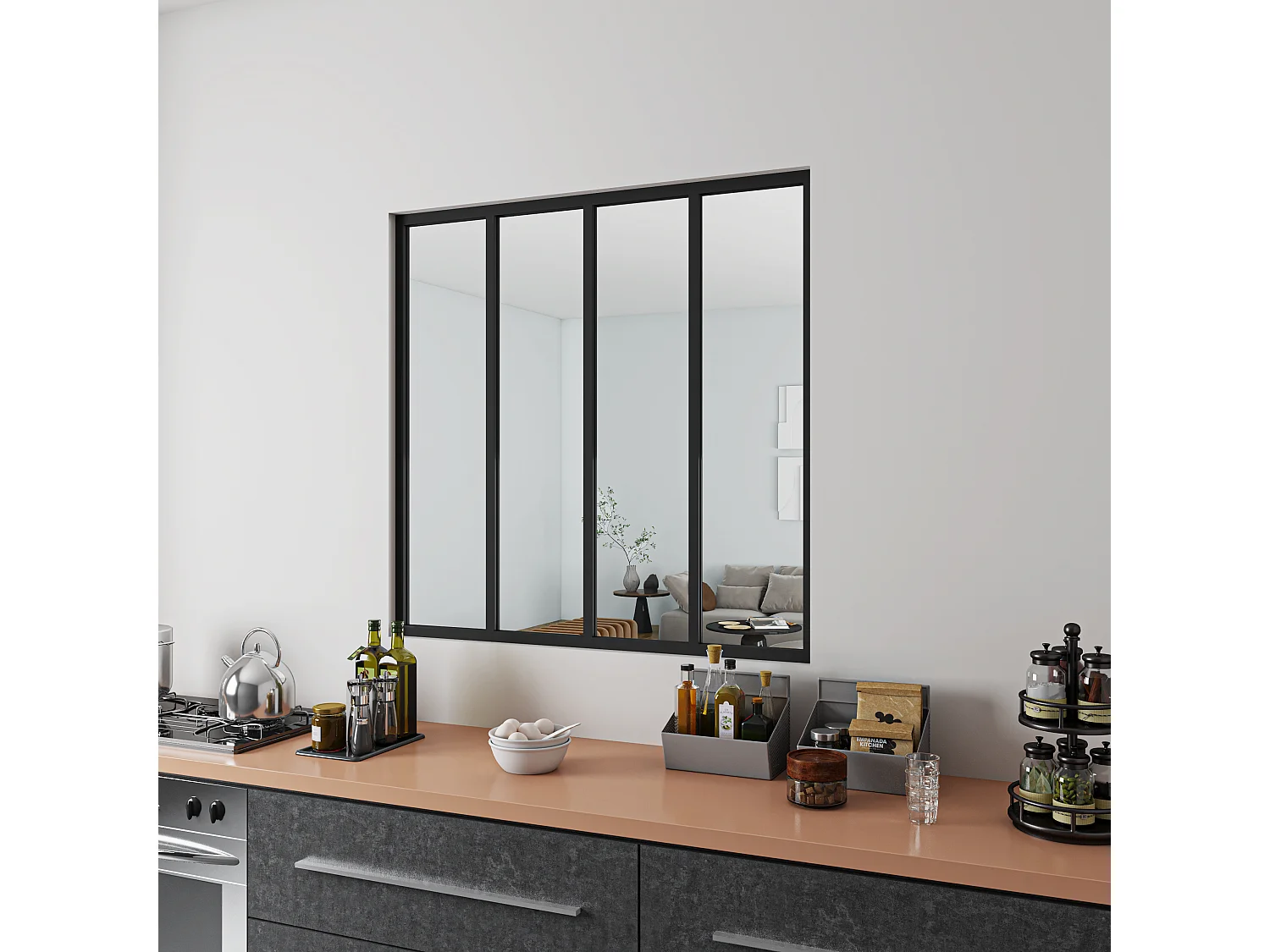 Verrière Atelier Fixe en Aluminium Noir L.123 x H.108 cm - Cloison Intérieure Design Industriel - 4mm Verre Transparent