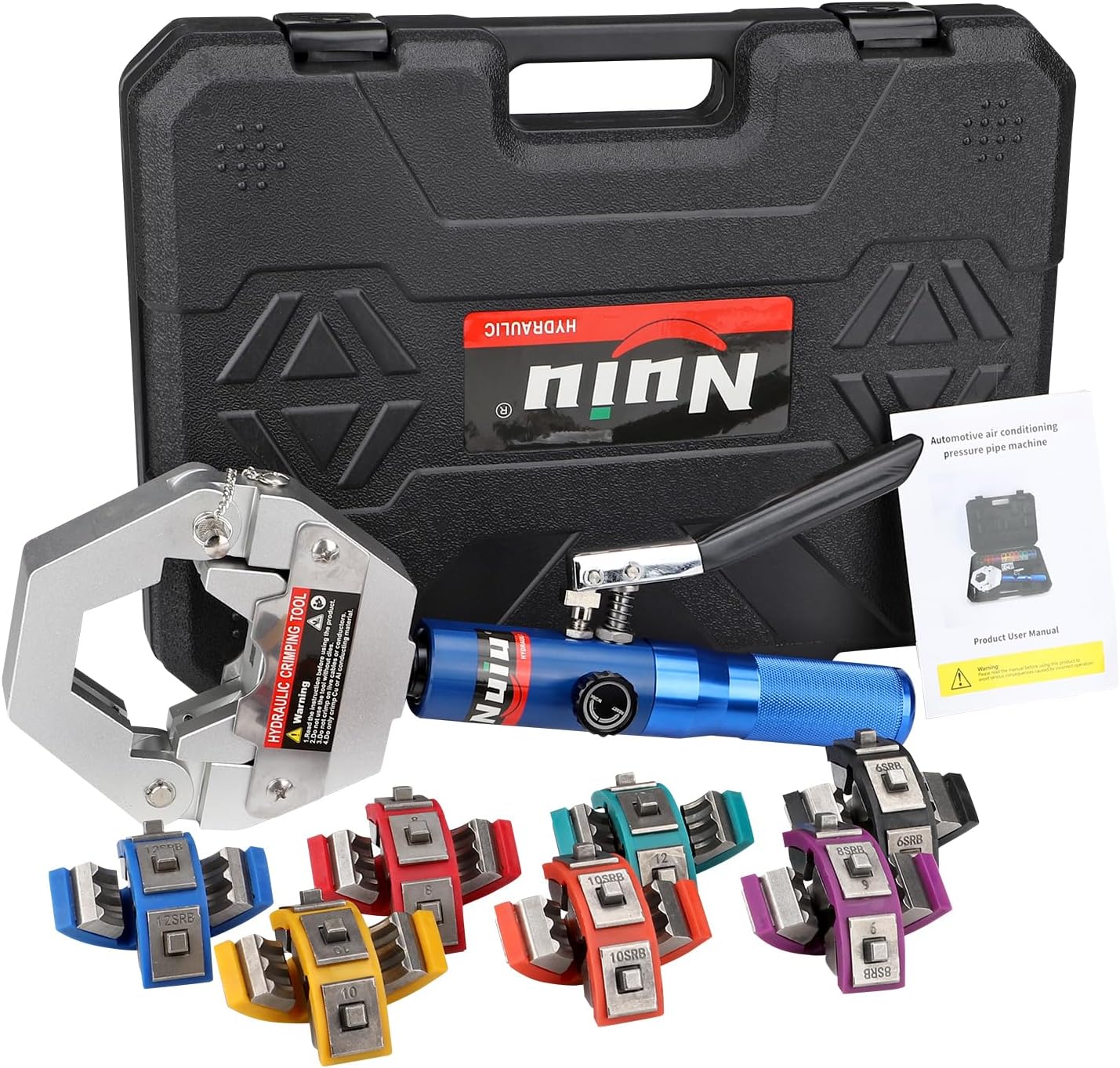 FS-7842A Hydraulic Hose Crimper Kit - 8T Handheld Crimping Tool w/Quick-Lock Dies, 7 Molds for Auto A/C, HVAC & Industrial Piping (3/8