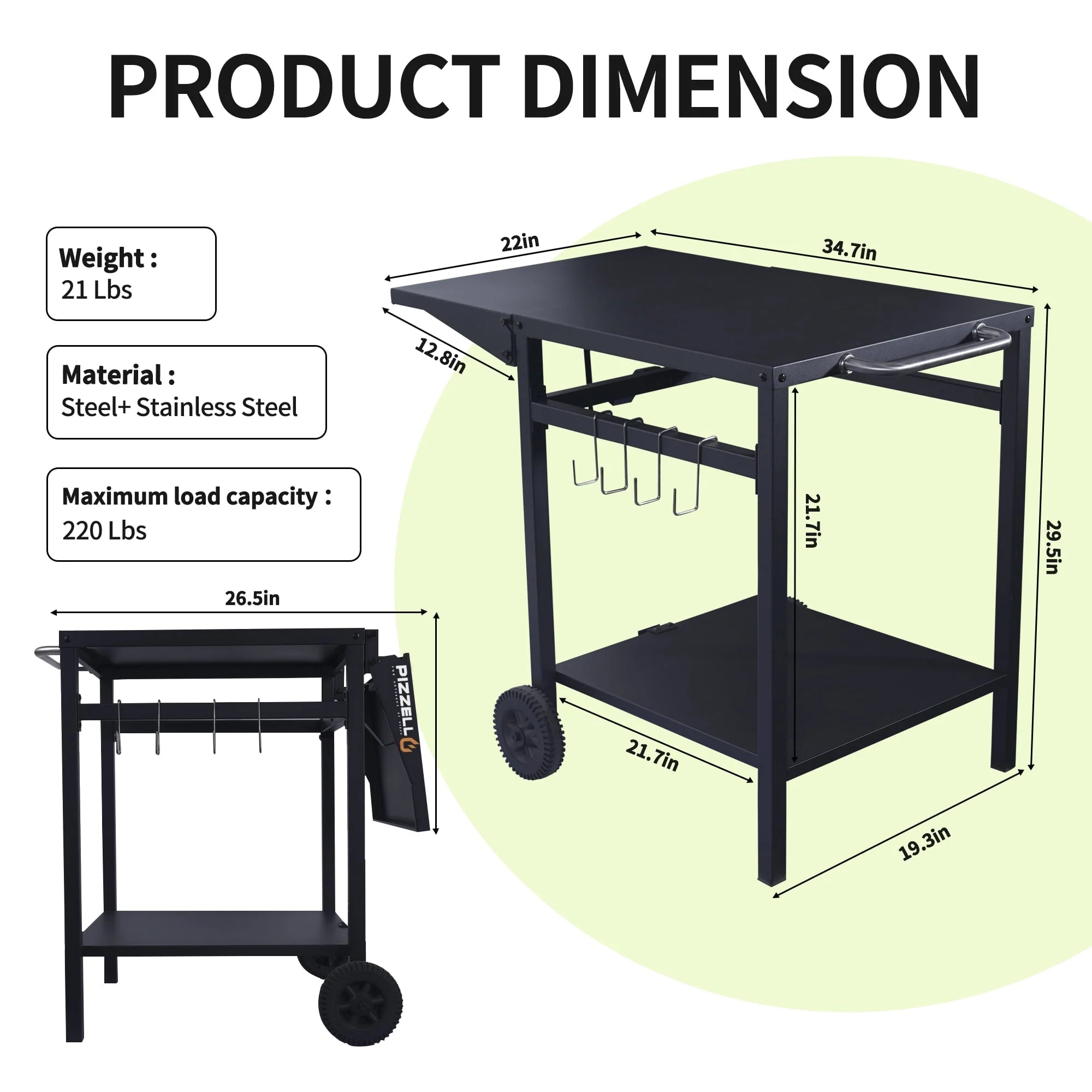 Pizzello Outdoor Grill Pizza Oven Food Prep Bbq Cart Stand Table with Storage Wheels Expandable Countertop, Black - Image 10