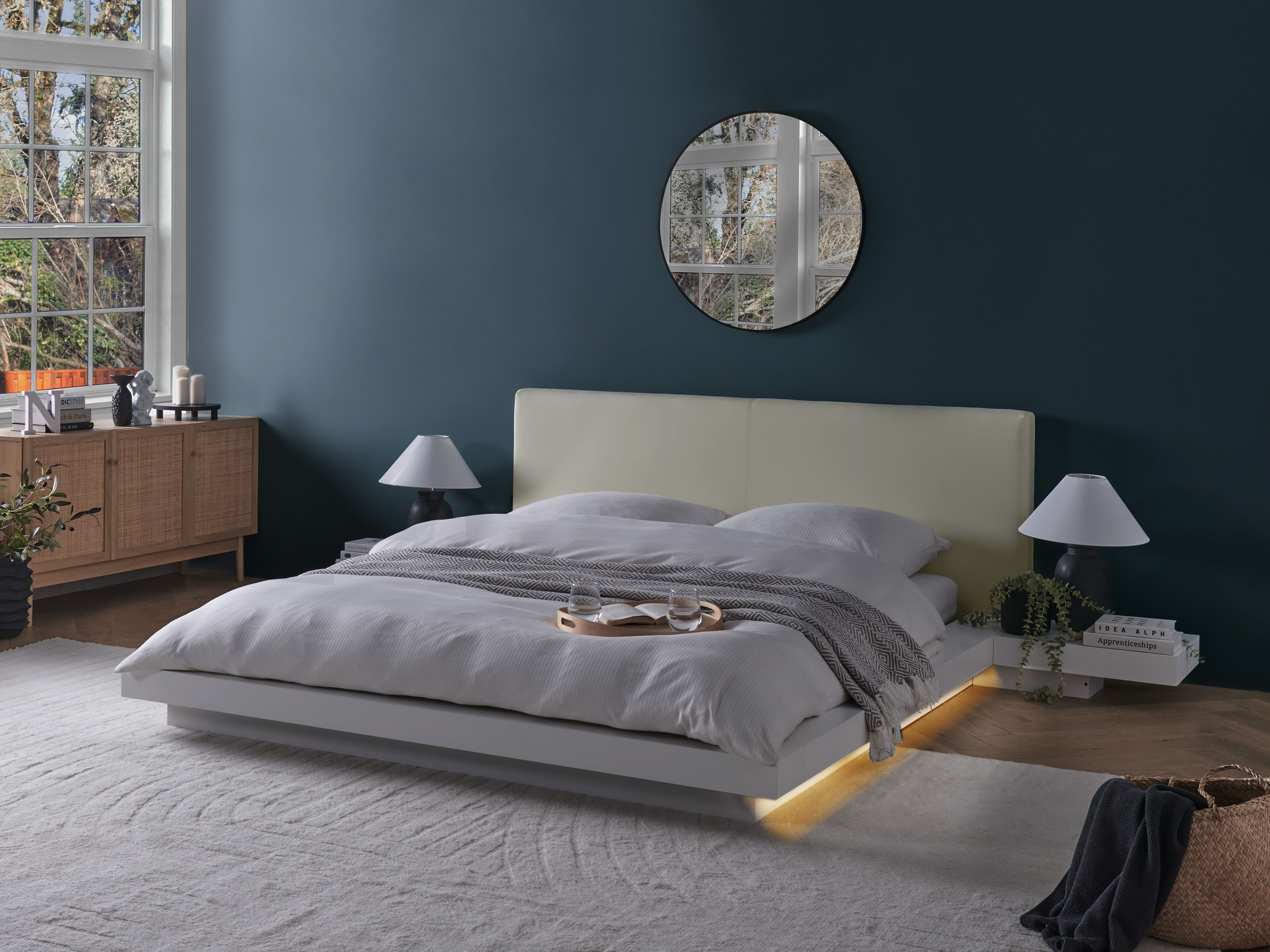 Bed with LED Faux Leather ZEN 160 x 200 cm (EU King Size) White