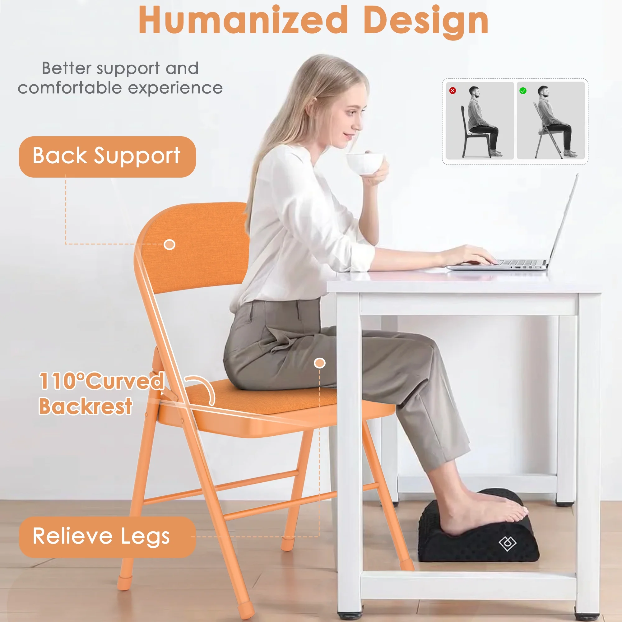 VECELO Set of 4 Folding Chairs, Fabric Dining Chair Set with Padded Cushion and Back, Indoor Outdoor Upholstered Seat with Metal Frame for Home Office Events Wedding Party, Orange - Image 7