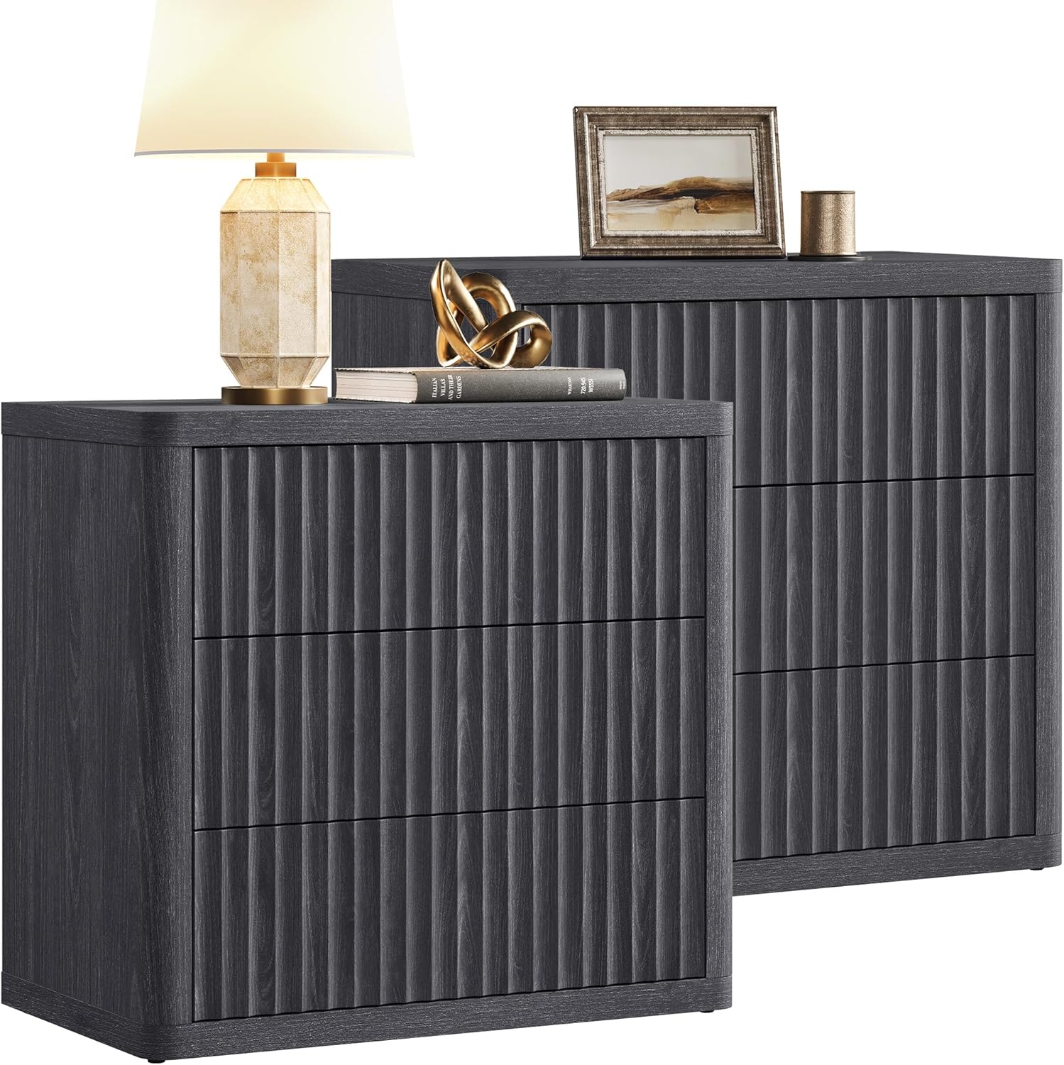 SICOTAS Night Stand Set 2 - Oversized Extra Large Bedside Table Modern Side Table with Storage Fluted 3 Drawer Nightstand 27.5