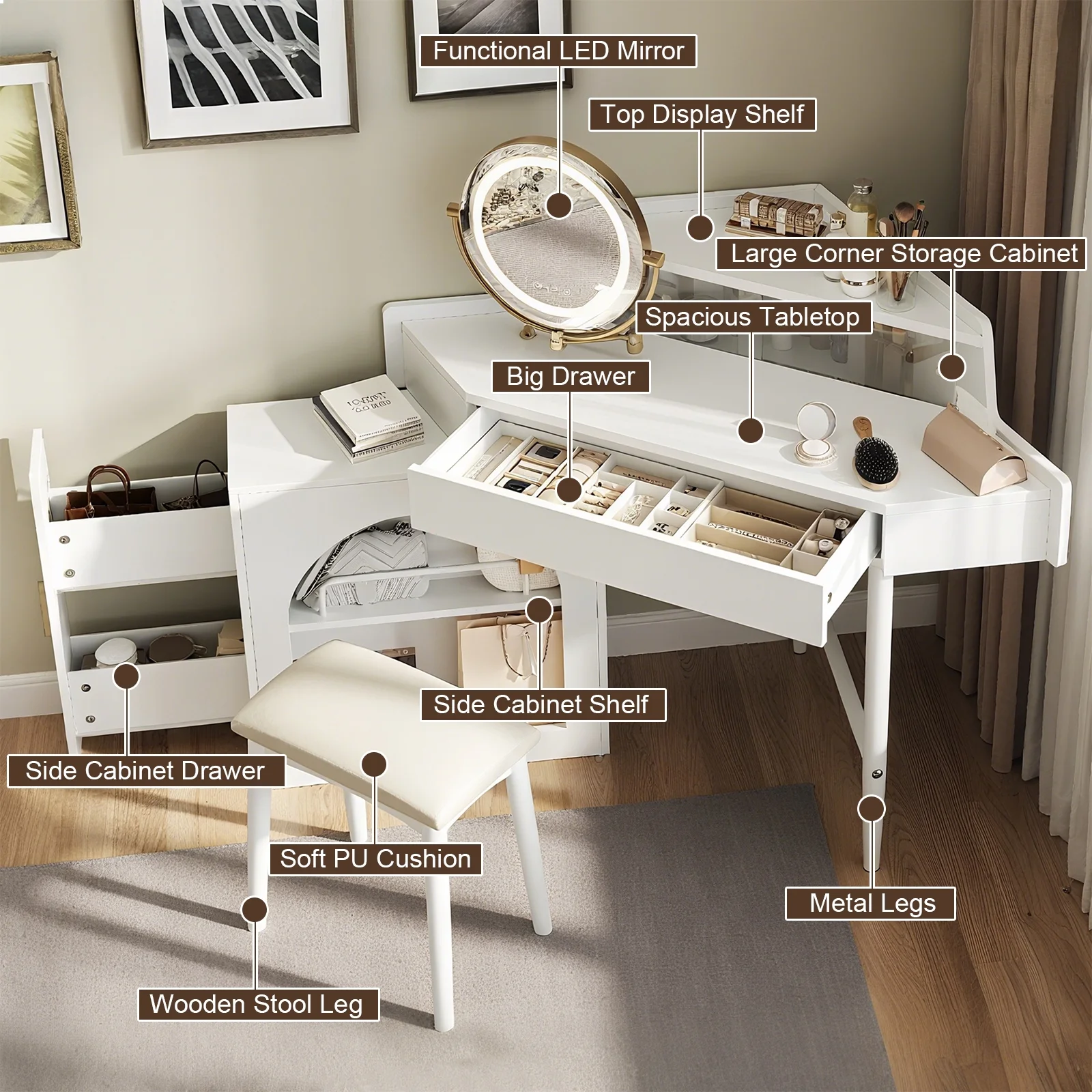 MODERNLUXE Corner Makeup Vanity Desk with Folding Mirror and Lights,Modern Vanity Set with 1 Stool,2 Drawers and 3 Shelves for Bedroom,Women, and Girls,Walnut - Image 13