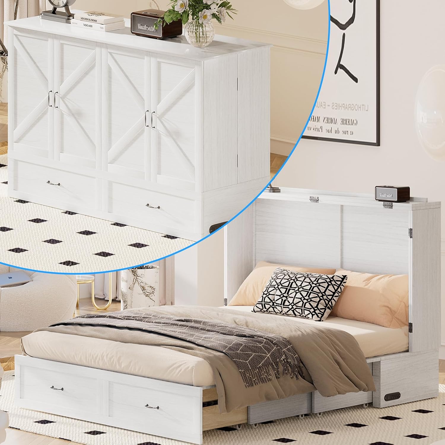 Mjkone Murphy Bed, Cabinet Beds Queen Size with Mattress Included, Built-in Charging Station and Drawer, 63