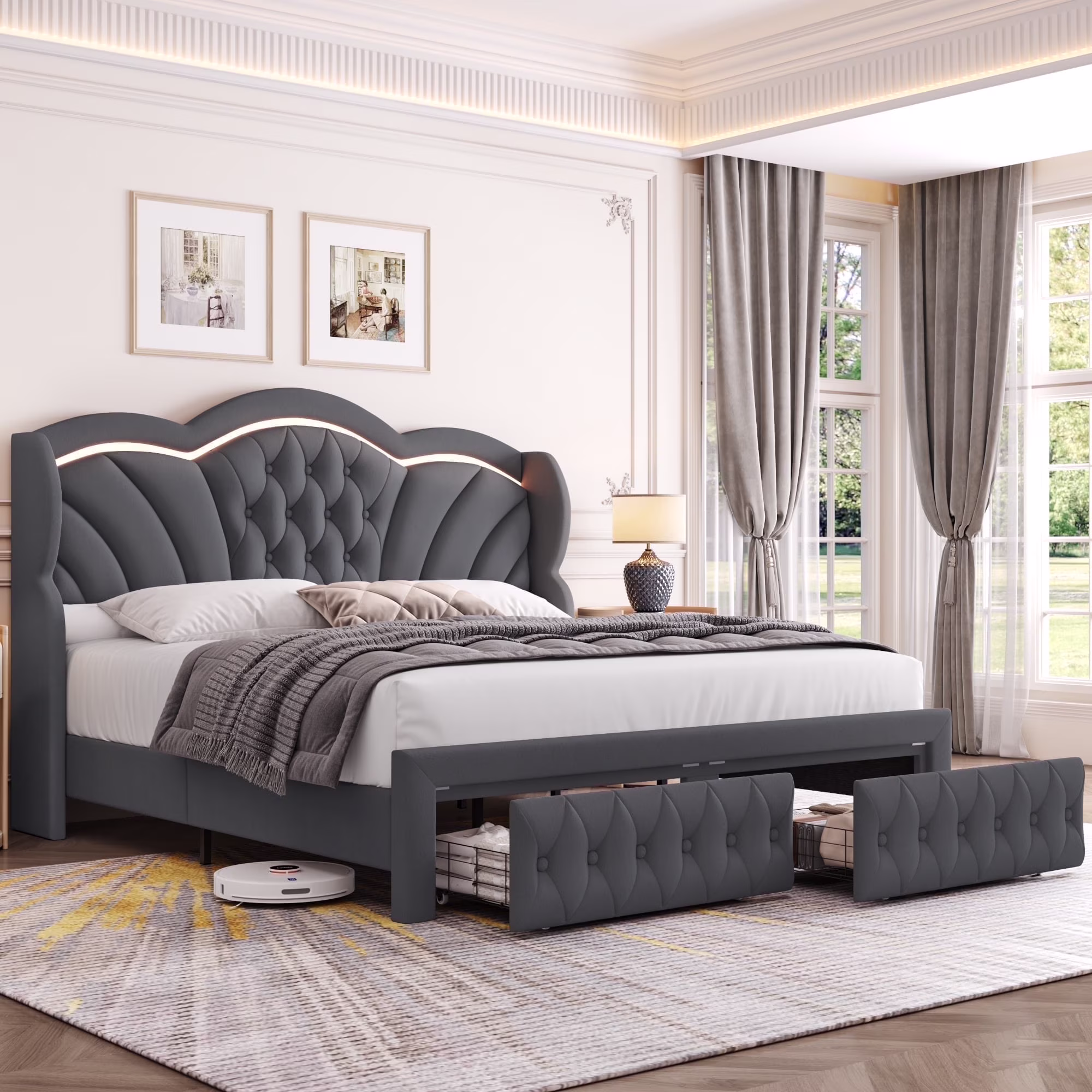 Hiphuta Modern Queen Bed Frame with 2 Drawers, LED Lights Platform Bed Frame, Sturdy Beds Frame with Upholstered Button Tufted Headboard, Velvet White - Image 3