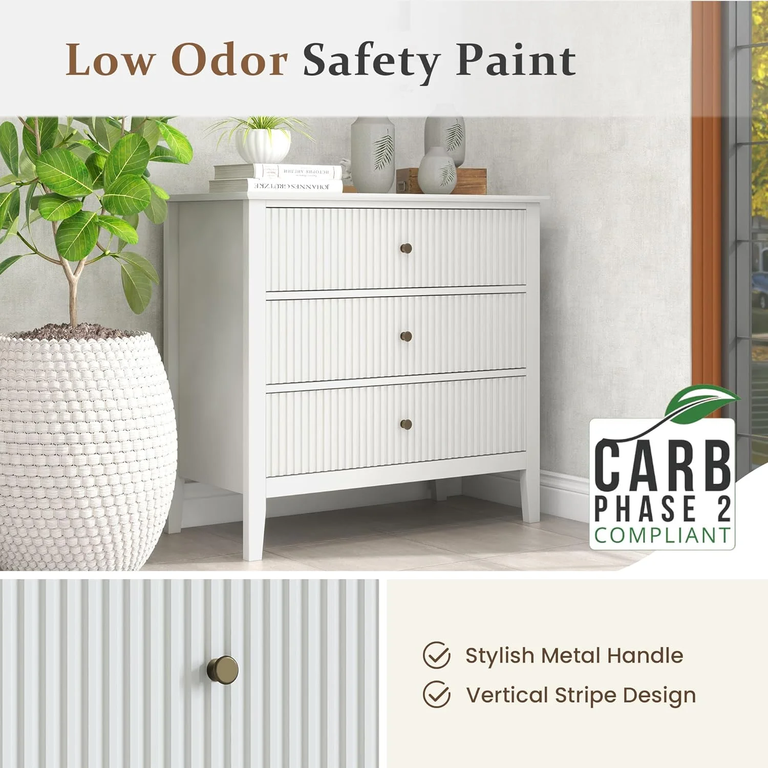 May Color Large White 3 Drawer Dresser Set of 2 with Fluted Panel, Modern Chest of Drawers with Silent Slide Drawers, Wood Accent Nightstand with Storage for Bedroom Living Room, Hallway - Image 4