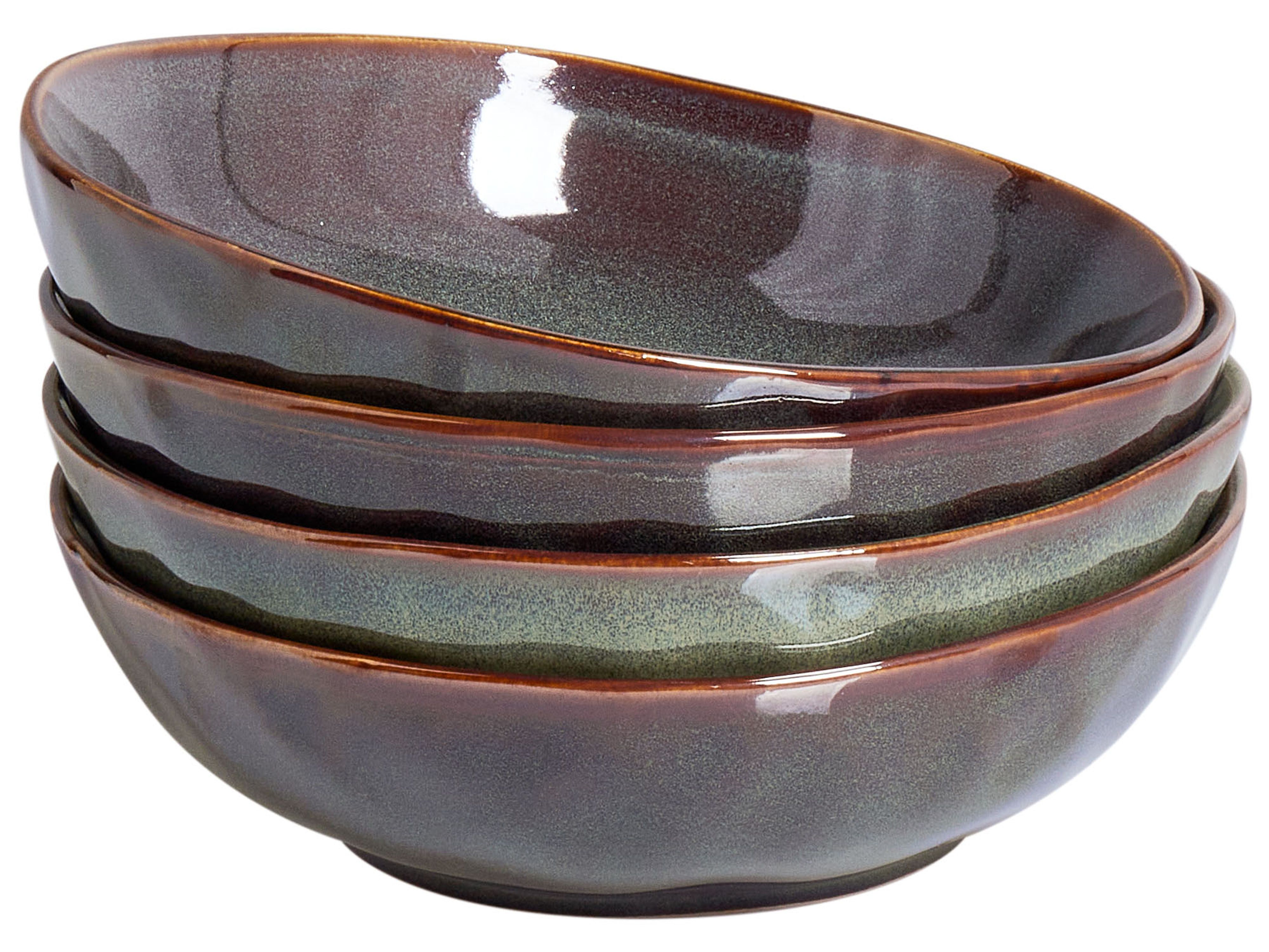 Set of 4 Deep Plates THYME Stoneware Dark Green