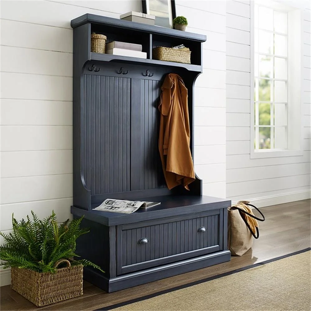 Bowery Hill 4-Hook Coastal Wood Hall Tree in Distressed Navy