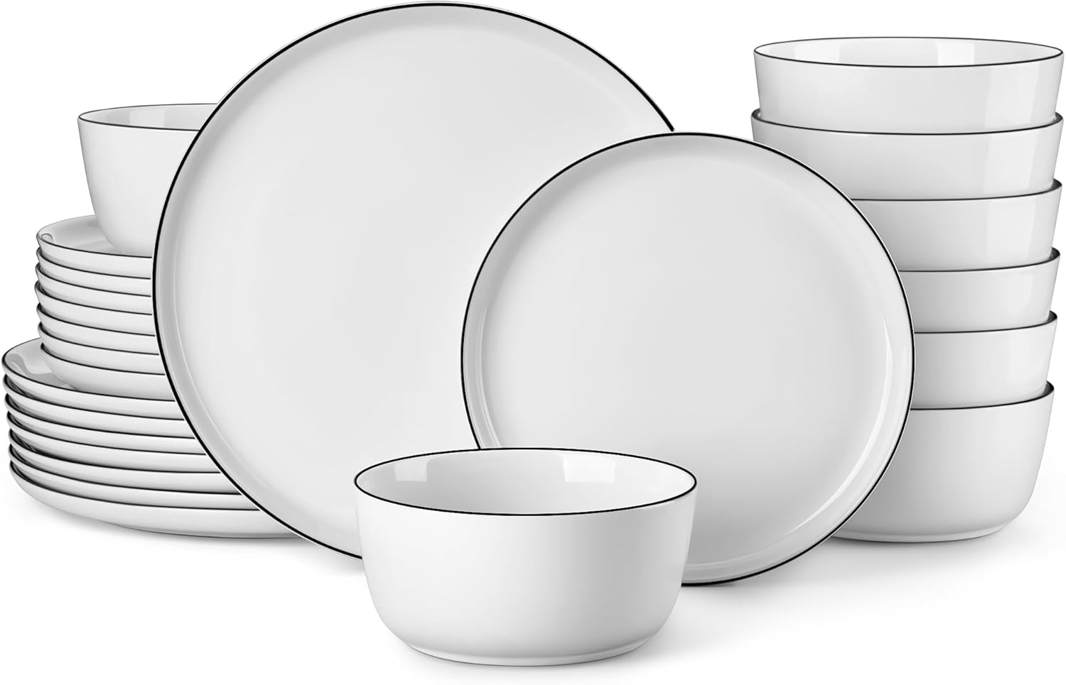 MALACASA 24 Pieces Gourmet Porcelain Dinnerware Sets, Premium Plates and Bowls Set, High-Fired Dishes Set for 8, Chip & Scratch Resistant, Microwave Dishwasher Safe, White & Black Rim, Series LEXI
