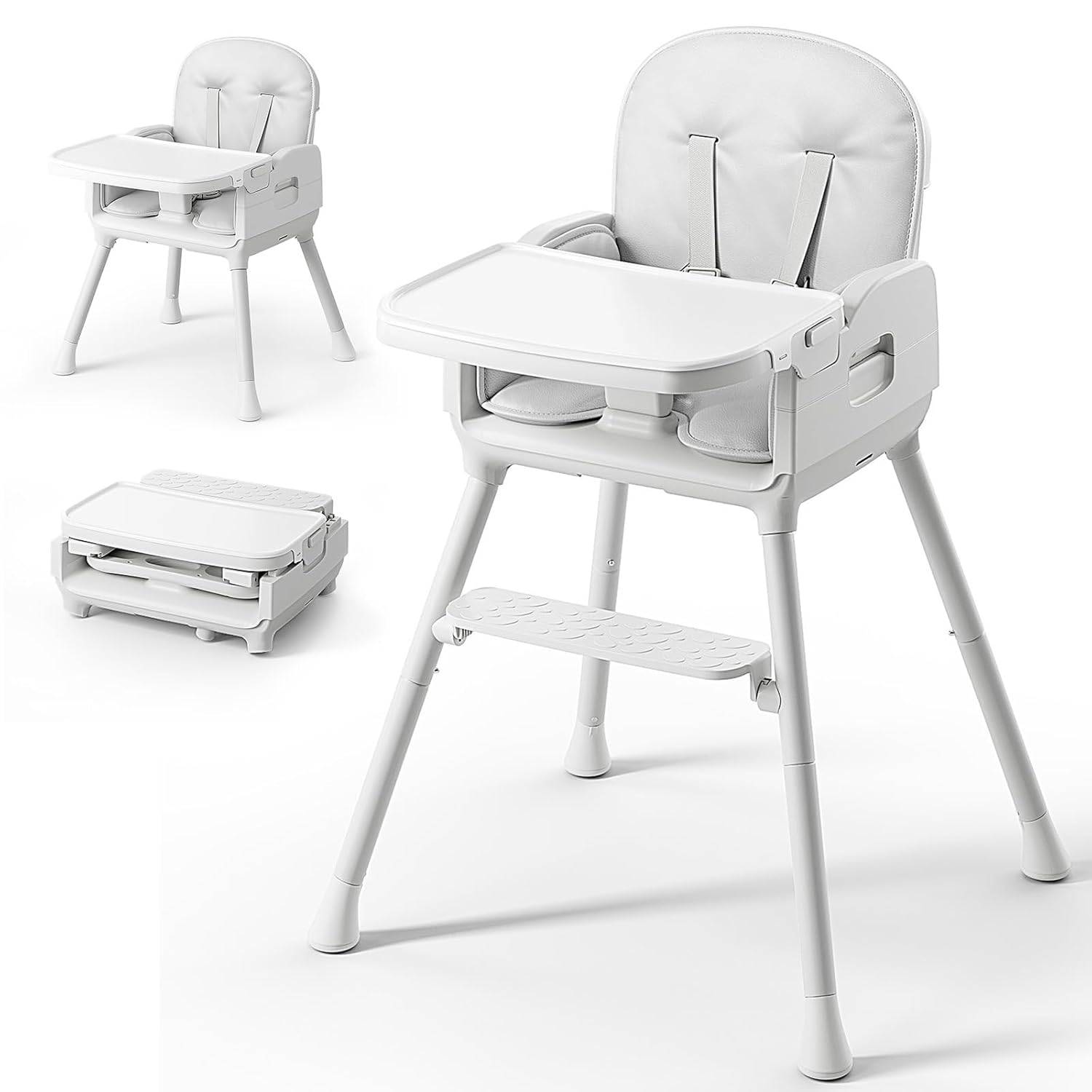 Obee Odee 3-in-1 Portable Baby High Chair for Babies and Toddlers, Convertible Easy Clean Infant Foldable Highchair with Adjustable Legs & Dishwasher Safe Tray, Grey