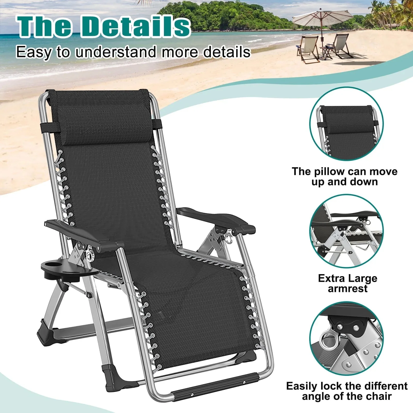 Docred Zero Gravity Folding Recliner Chair With Pad, Headrest And Cup Holder - Image 4 Docred Zero Gravity Folding Recliner Chair With Pad, Headrest And Cup Holder - Image 4