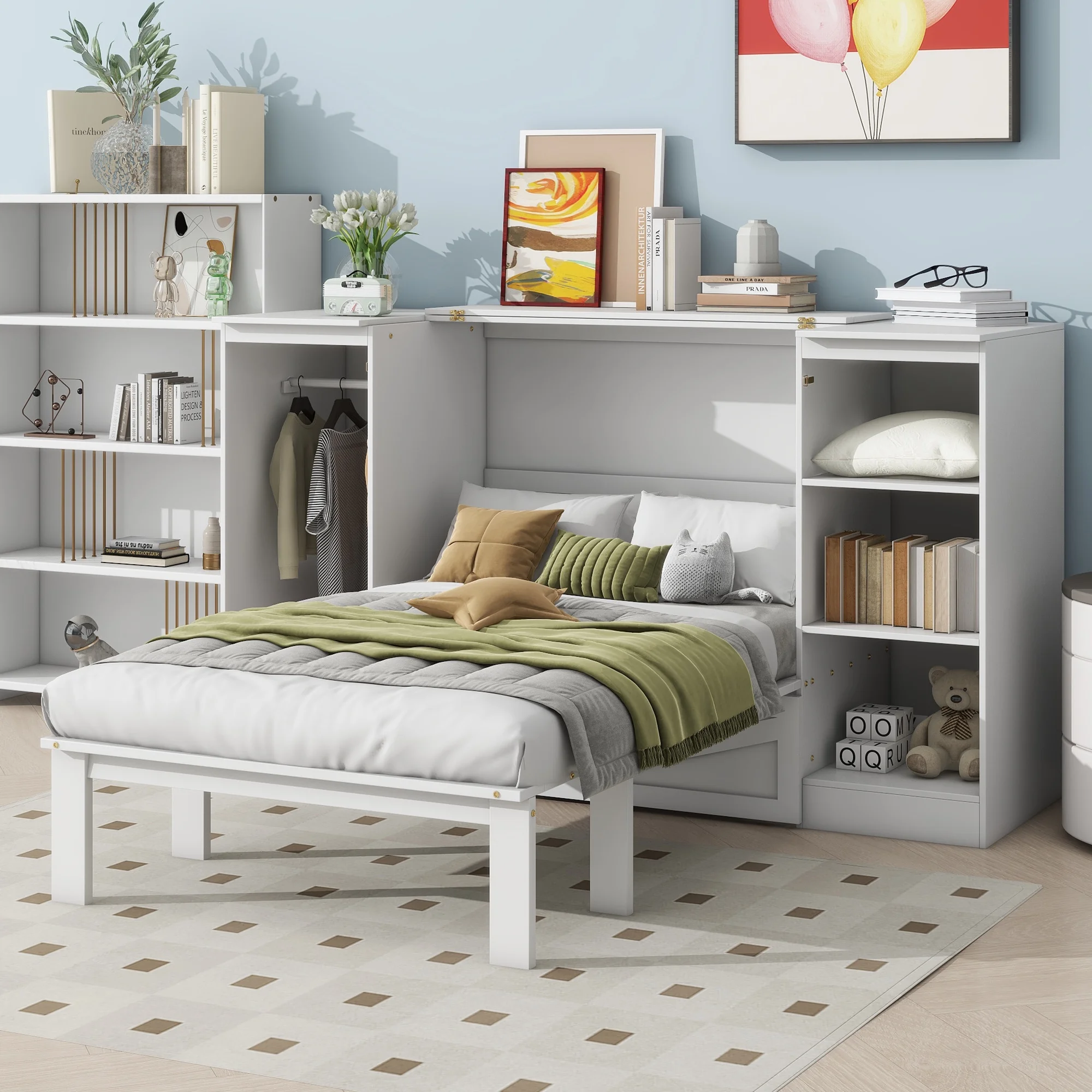 Euroco Wood Twin Size Murphy Bed with Wardrobe and Shelves for Kids Teens Living Room