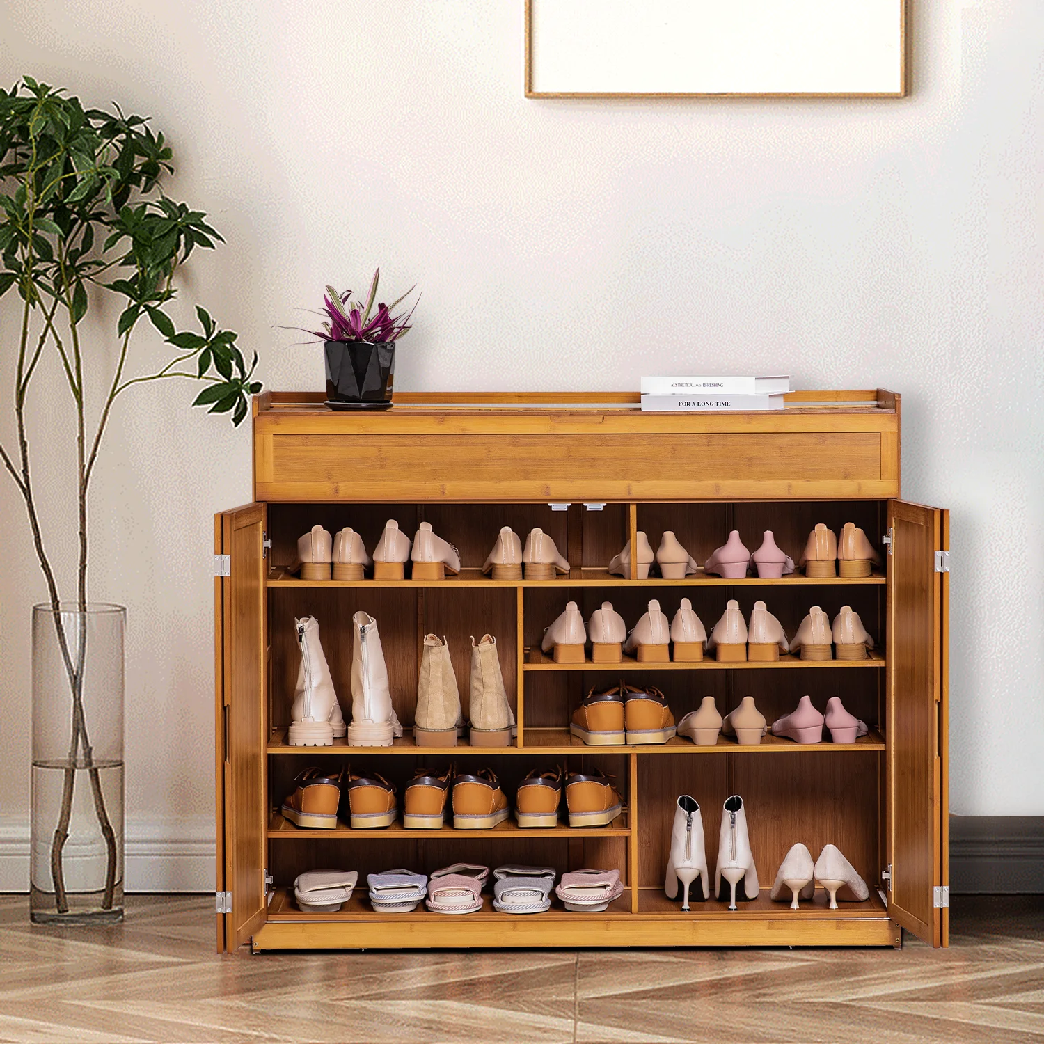 Magshion Bamboo 6 Tier 30 Pairs Shoe Organizer Cabinet with Folding Door Compartment Heels Boots, Brown, for Home - Image 4