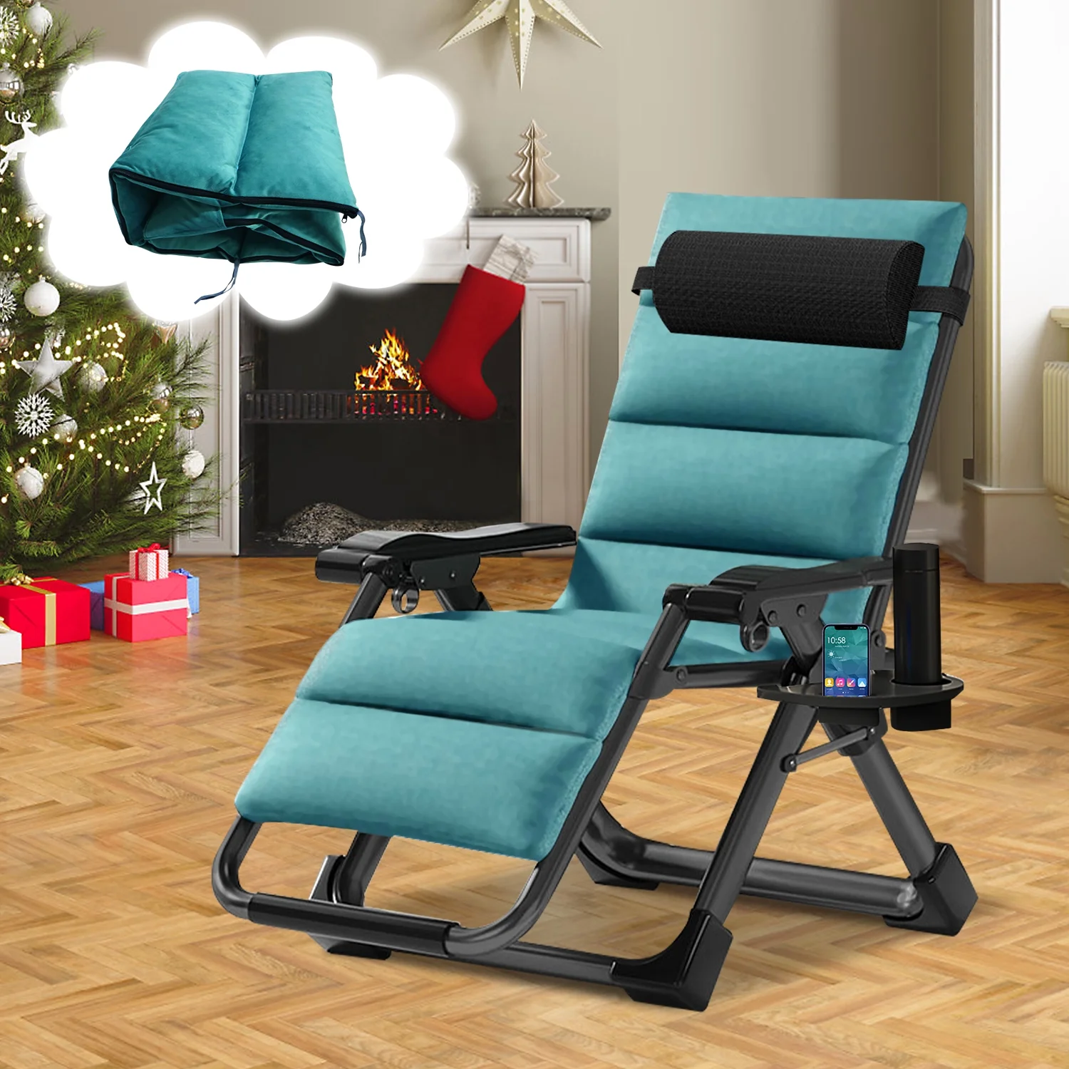 NAIZEA Zero Gravity Chair with Removable Cushion and Cup Holder Black - Image 31