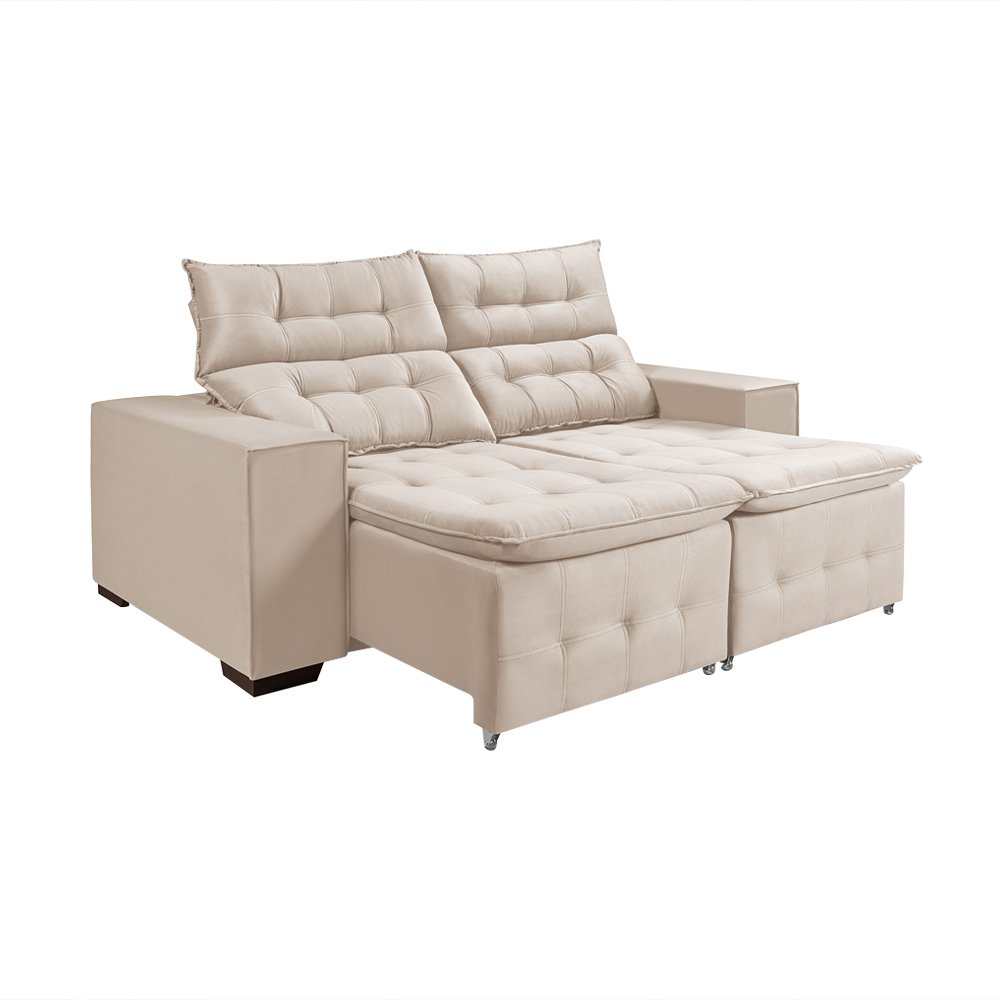 Sofá Retratil Reclinável 3 Lugares Pillow em Veludo Tamanho 1,90 Marfim