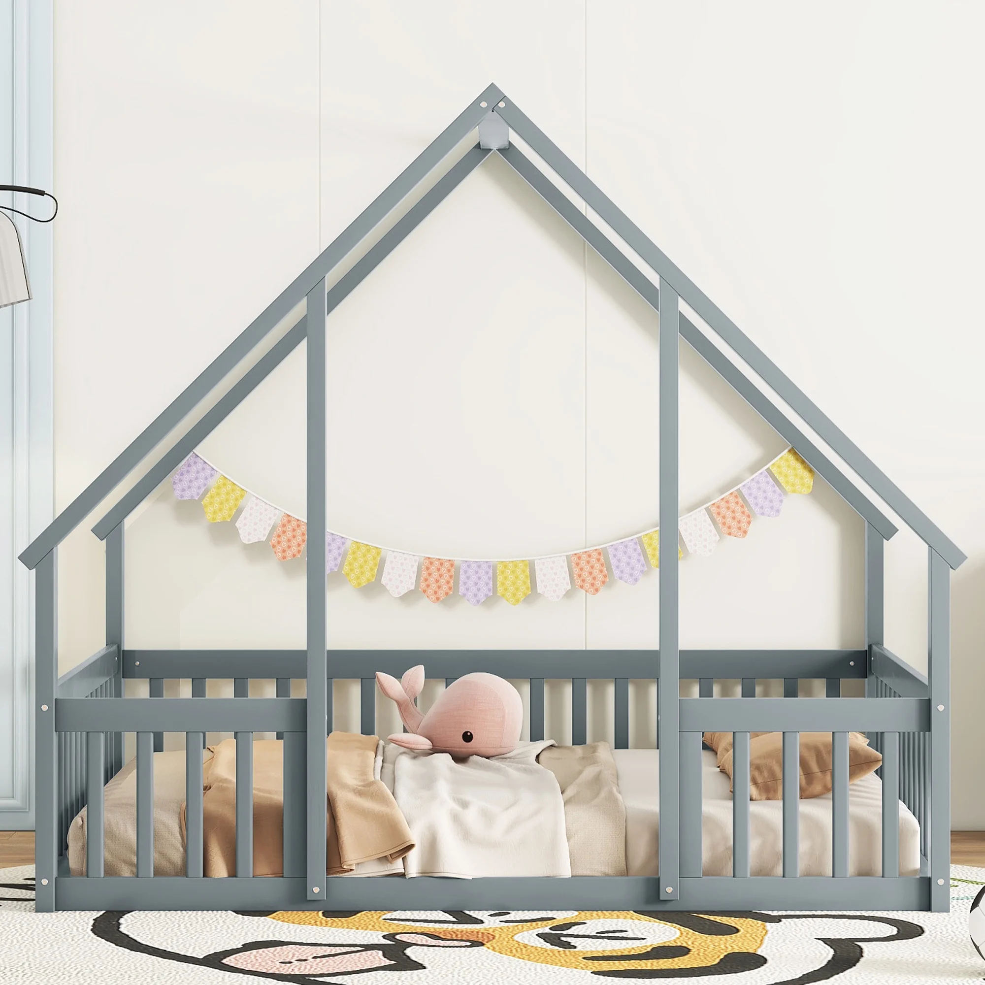 Bellemave Twin Size Floor Bed Frame, Wooden House Bed Twin Size with Fence, Montessori Bed with Guardrails for Bedroom (White) - Image 28
