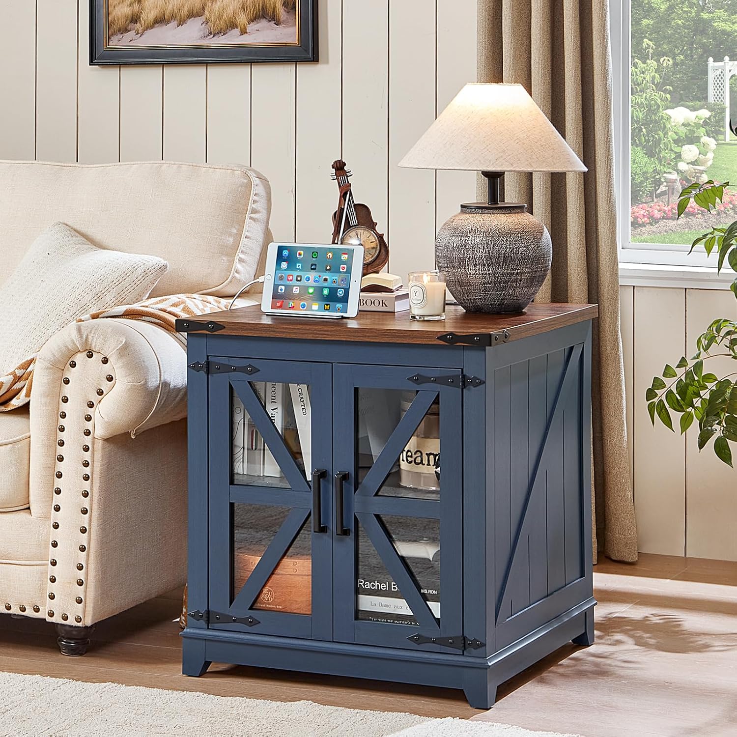 Farmhouse End Table Set 3, Narrow 18'' Night Stand with Glass Barn Door, 24