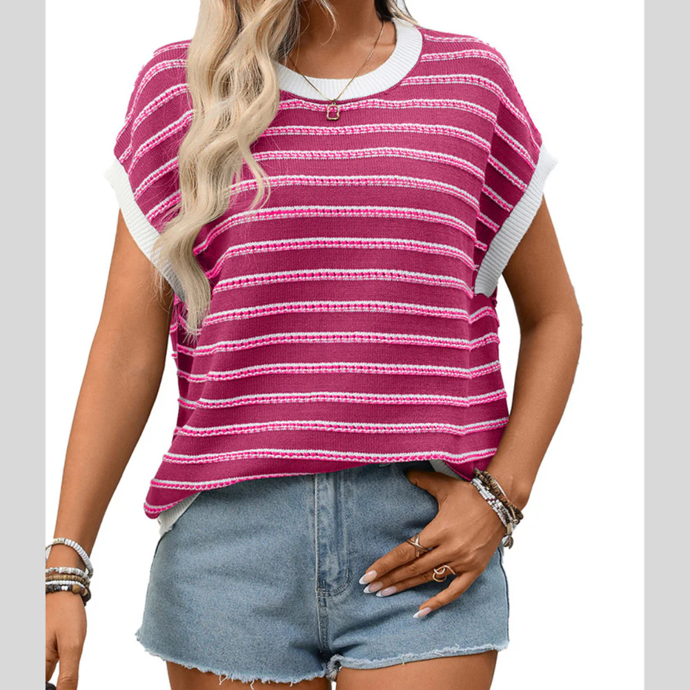 Striped Round Neck Short Sleeve Sweater - ZKZOOK