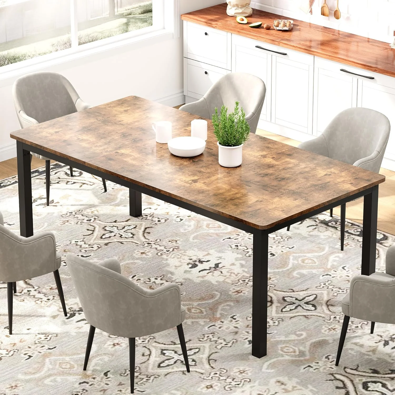 71 Inch Industrial Dining Table, Large Rectangle Kitchen Table with Metal Legs, Round Corners, Wooden Conference Tables Writing Desk for Dining Room, Living Room