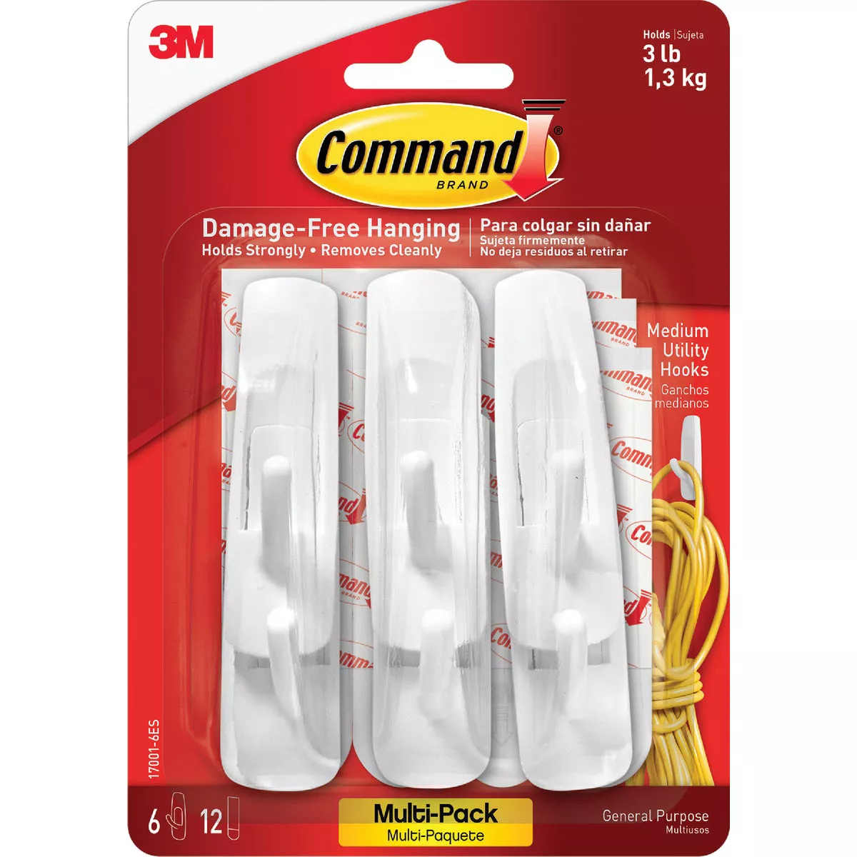 Command Medium Utility Hook Value Pack, White, 6 Hooks, 12 Strips