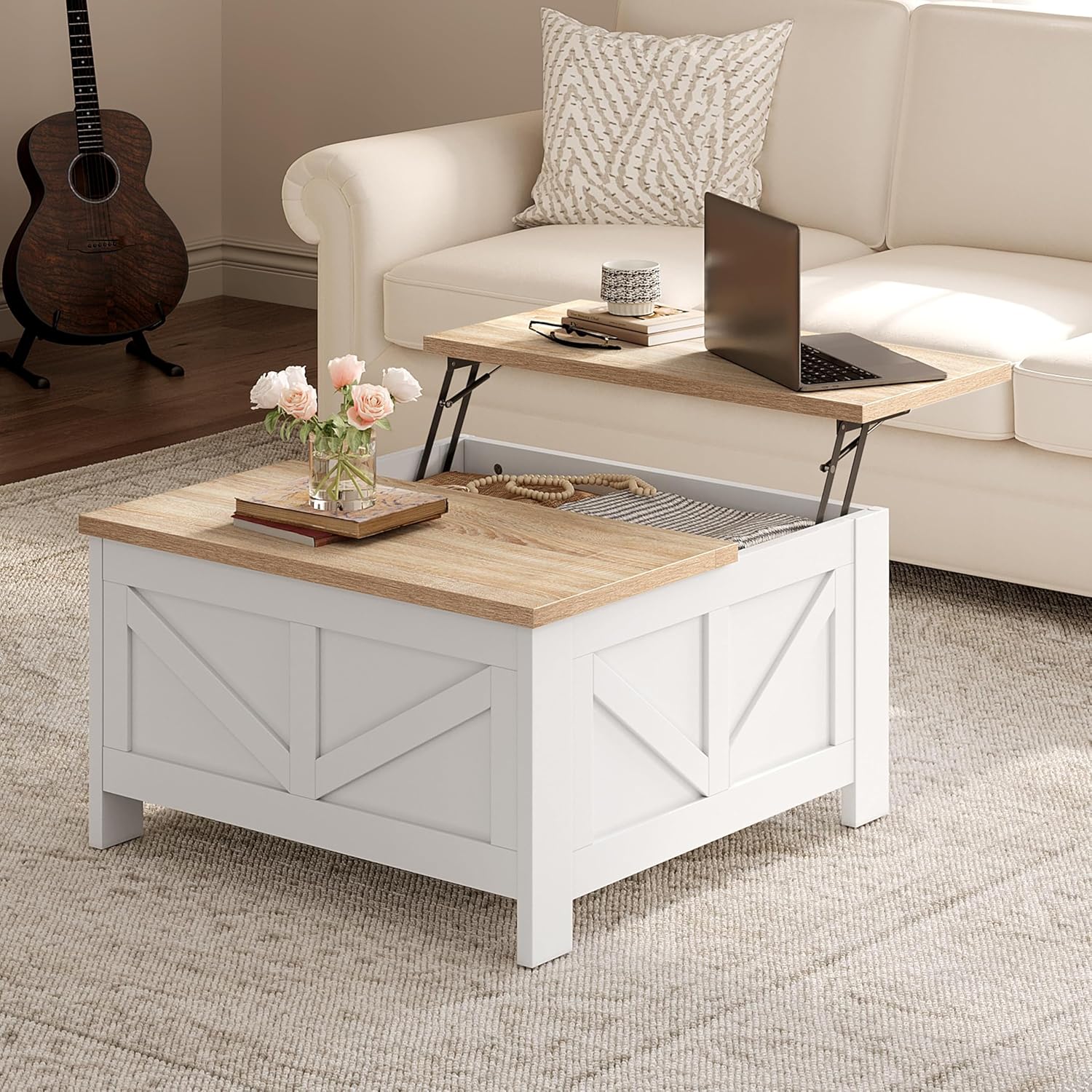 Yaheetech Farmhouse Lift Top Coffee Table with Storage, Square Coffee Table for Living Room, 31.5 Inches Center Tables with Large Hidden Storage Compartment for Home Office, White & Light Oak
