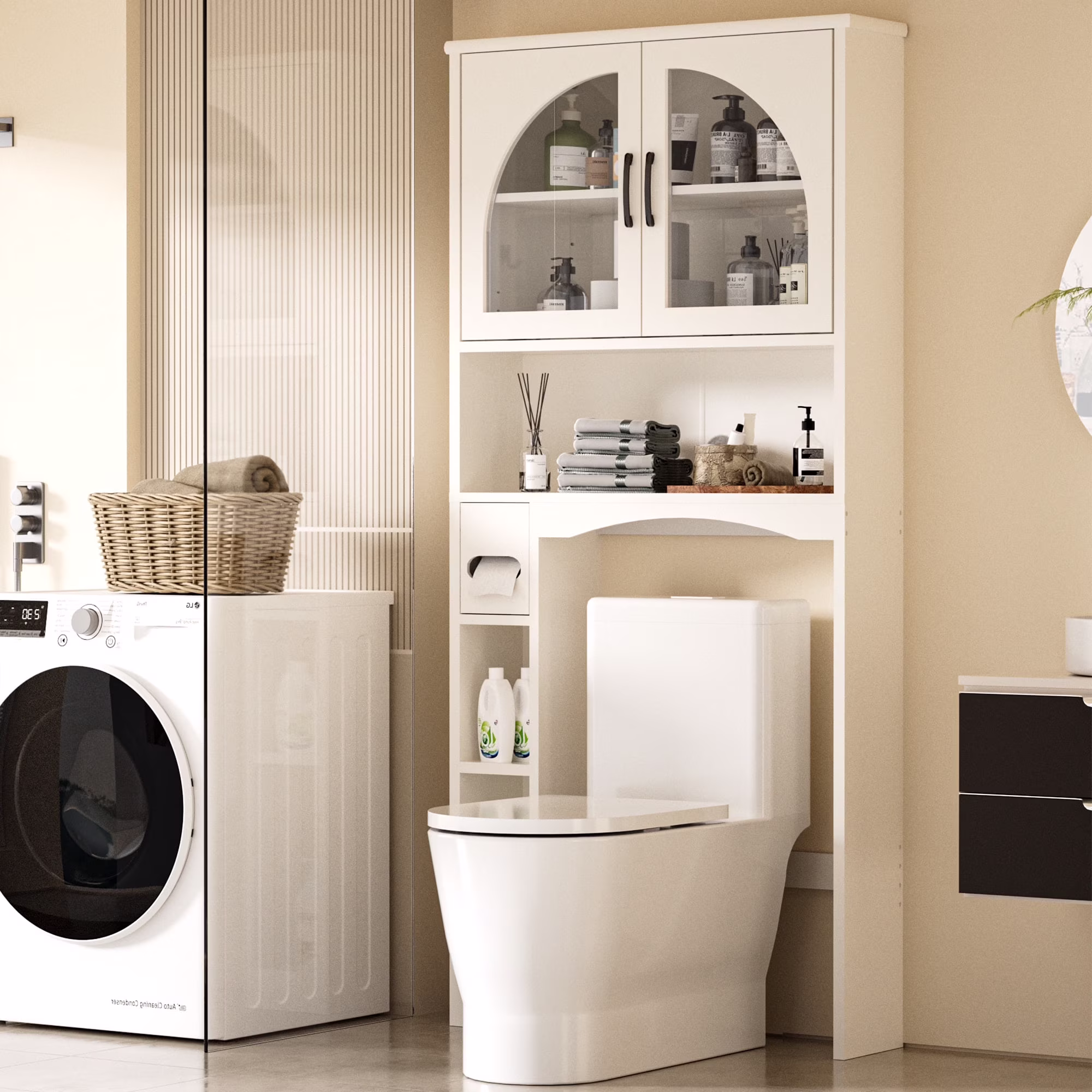 HARIPUL Over The Toilet Storage Cabinet w/ Unique Wood Grain & Arc Design, Freestanding Bathroom Shelf Organizer Space Saver w/ Doors & Anti-Tip Device, Wood Color - Image 7