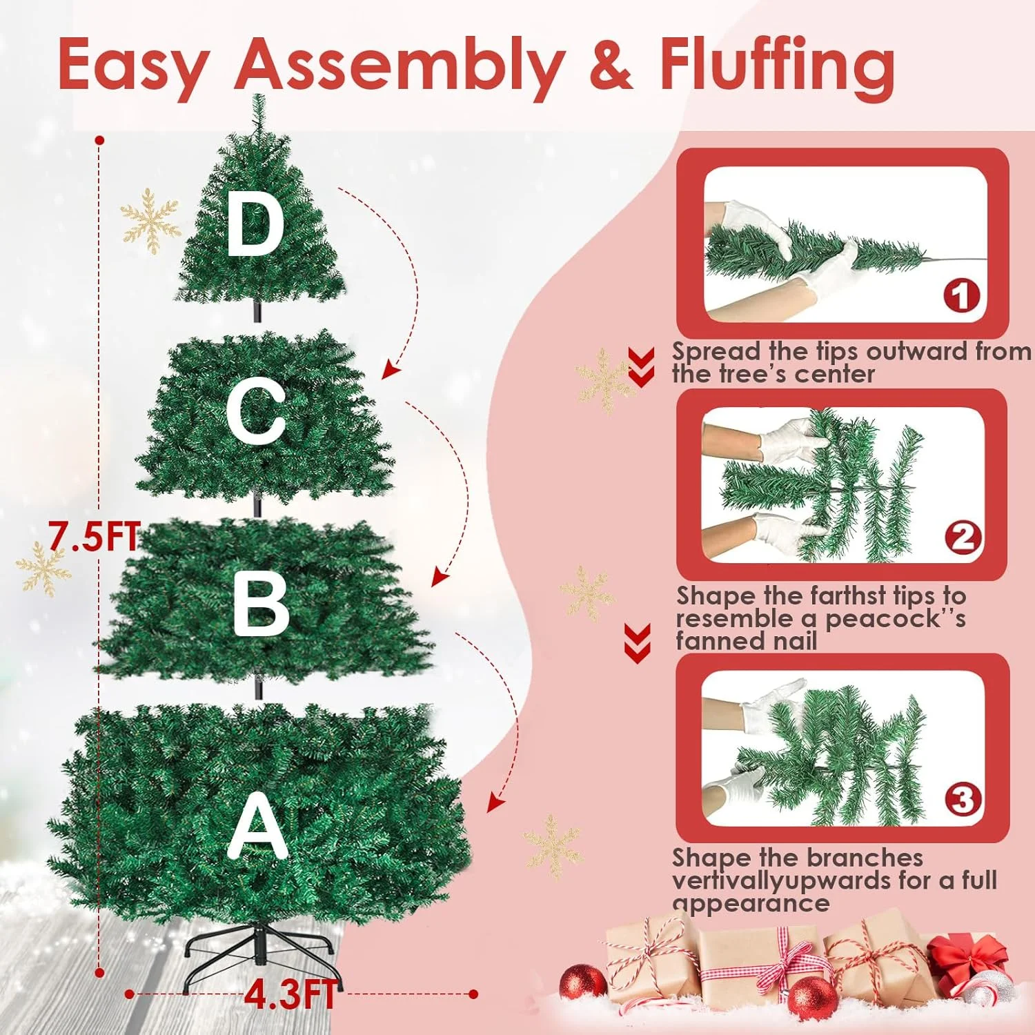 Vebreda 6FT Pre-Lit Artificial Christmas Tree with 300 Warm White LED Lights, Hinged Branch Design, Eco-Friendly PVC Needles & Foldable Metal Stand for Home, Office & Holiday D��cor - Image 12