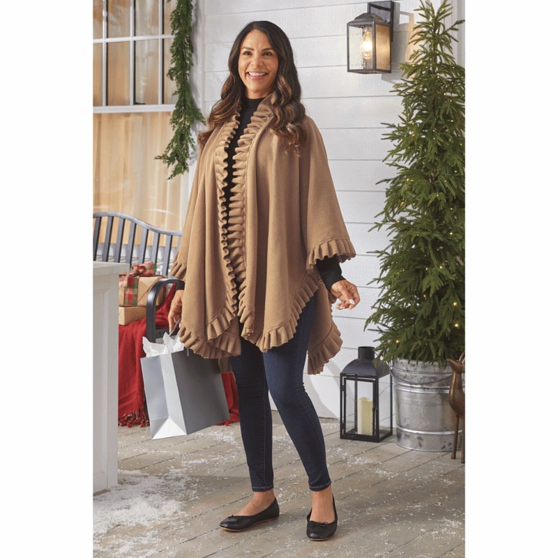 Warm Fleece Cape with Open Front and All-around Ruffle Trim - MIDNIGHT VELVET CATALOG