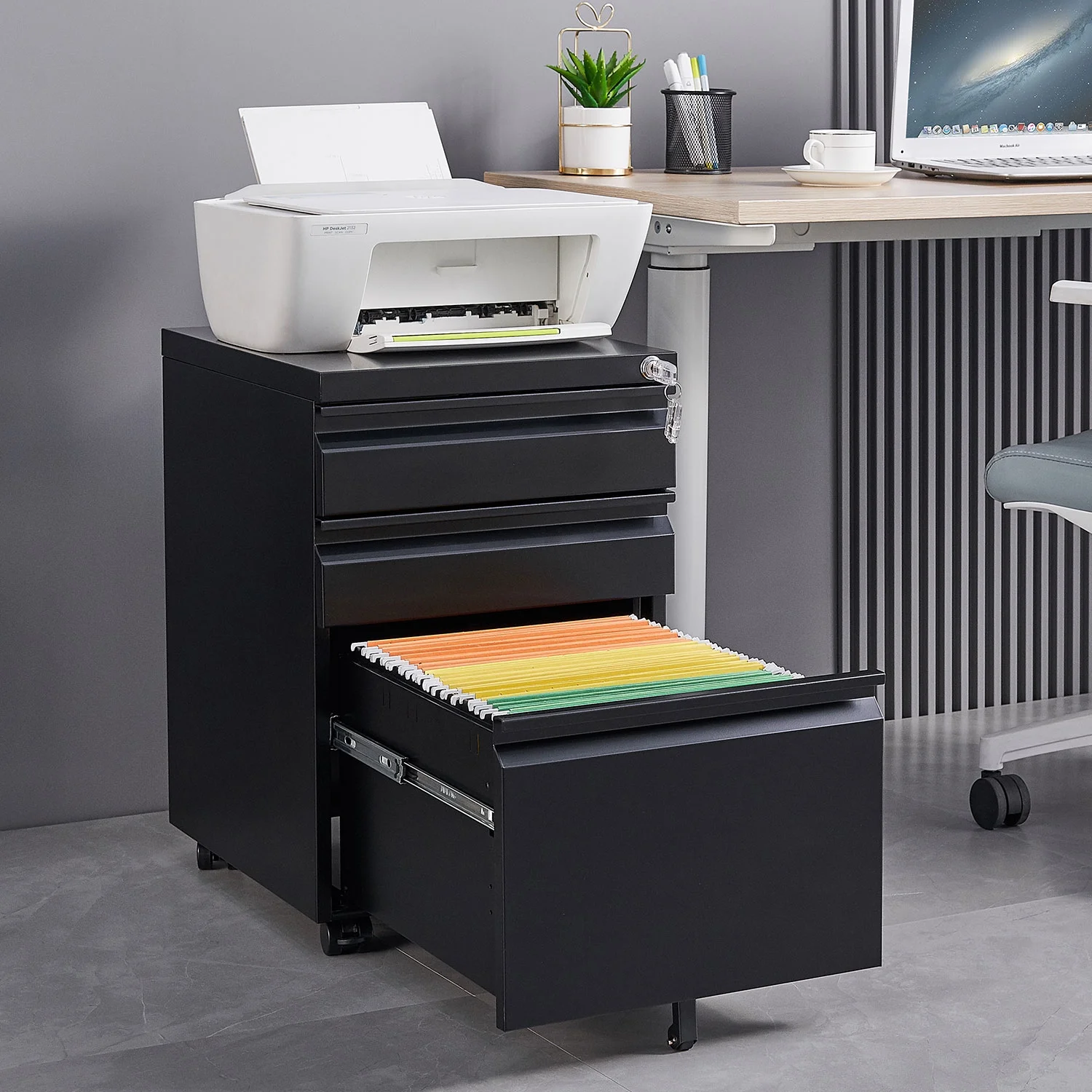 3-Drawer Mobile File Cabinets Rolling Metal Filing Cabinet for Legal & Letter File Anti-tilt Design with Lock Under Desk Office,Black