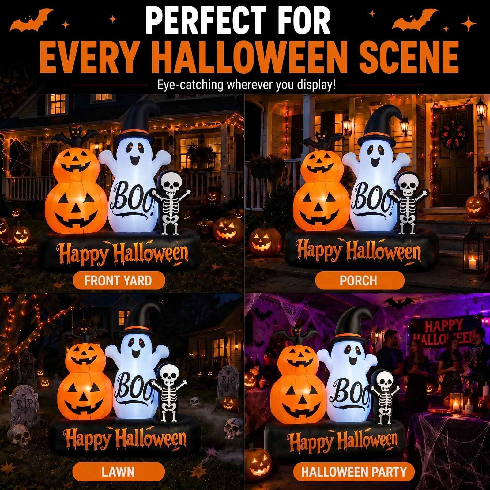 6ft Halloween Inflatable Outdoor Decorations, Lighted Pumpkin Ghost Skeleton with Bat, Built-in LED Lights, Blow Up Halloween Yard Decoration for Lawn, Porch & Party - Image 8 6ft Halloween Inflatable Outdoor Decorations, Lighted Pumpkin Ghost Skeleton with Bat, Built-in LED Lights, Blow Up Halloween Yard Decoration for Lawn, Porch & Party - Image 8