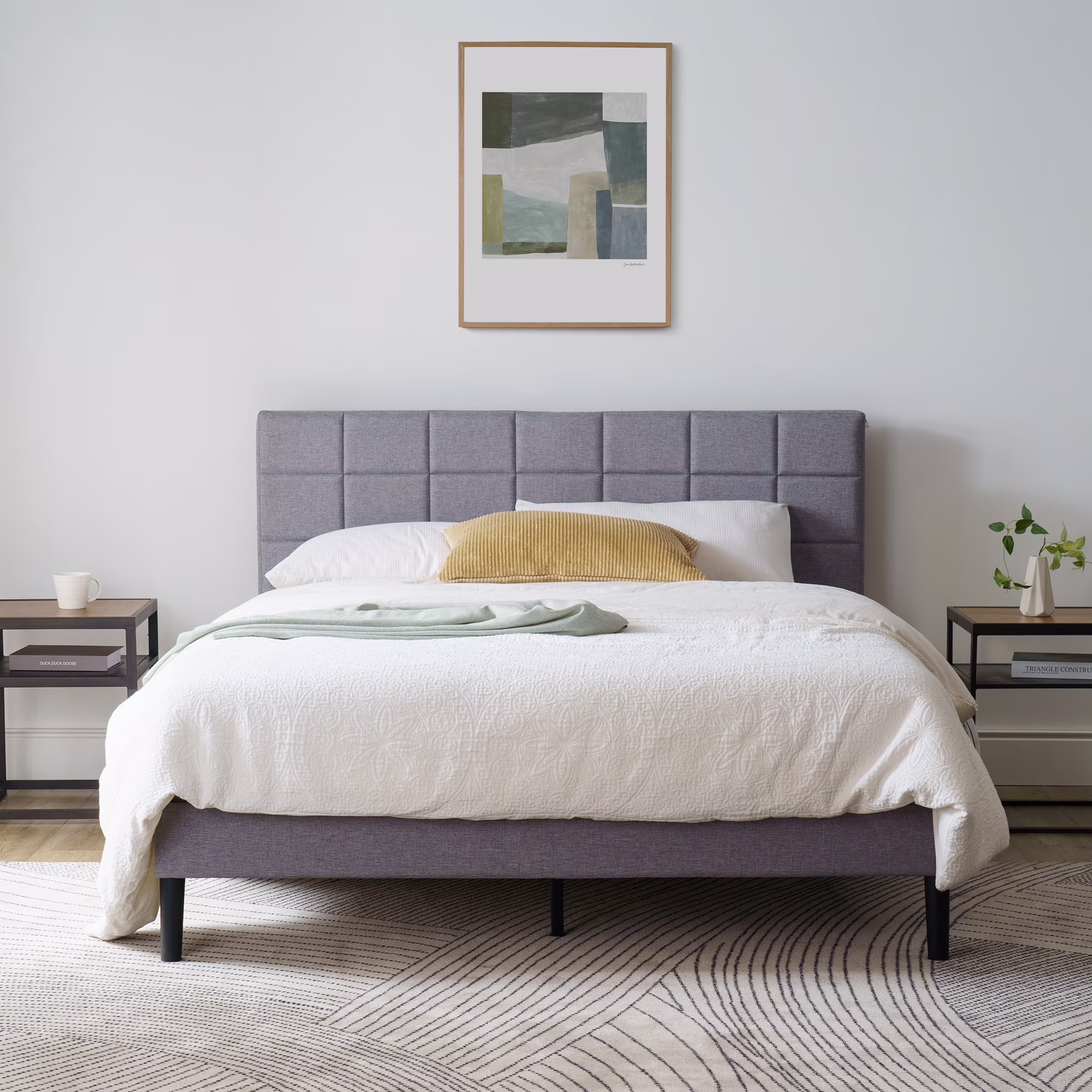 Mainstays Upholstered Platform Bed, No Box Spring Needed, Gray, Queen - Image 2