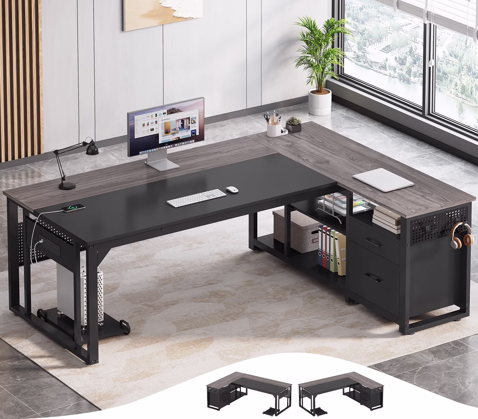 71" Executive Desk with Power Outlets, Modern L Shaped Office Desk with File Drawers and Pegboard, Large Computer Desk, Rustic Brown - Image 7