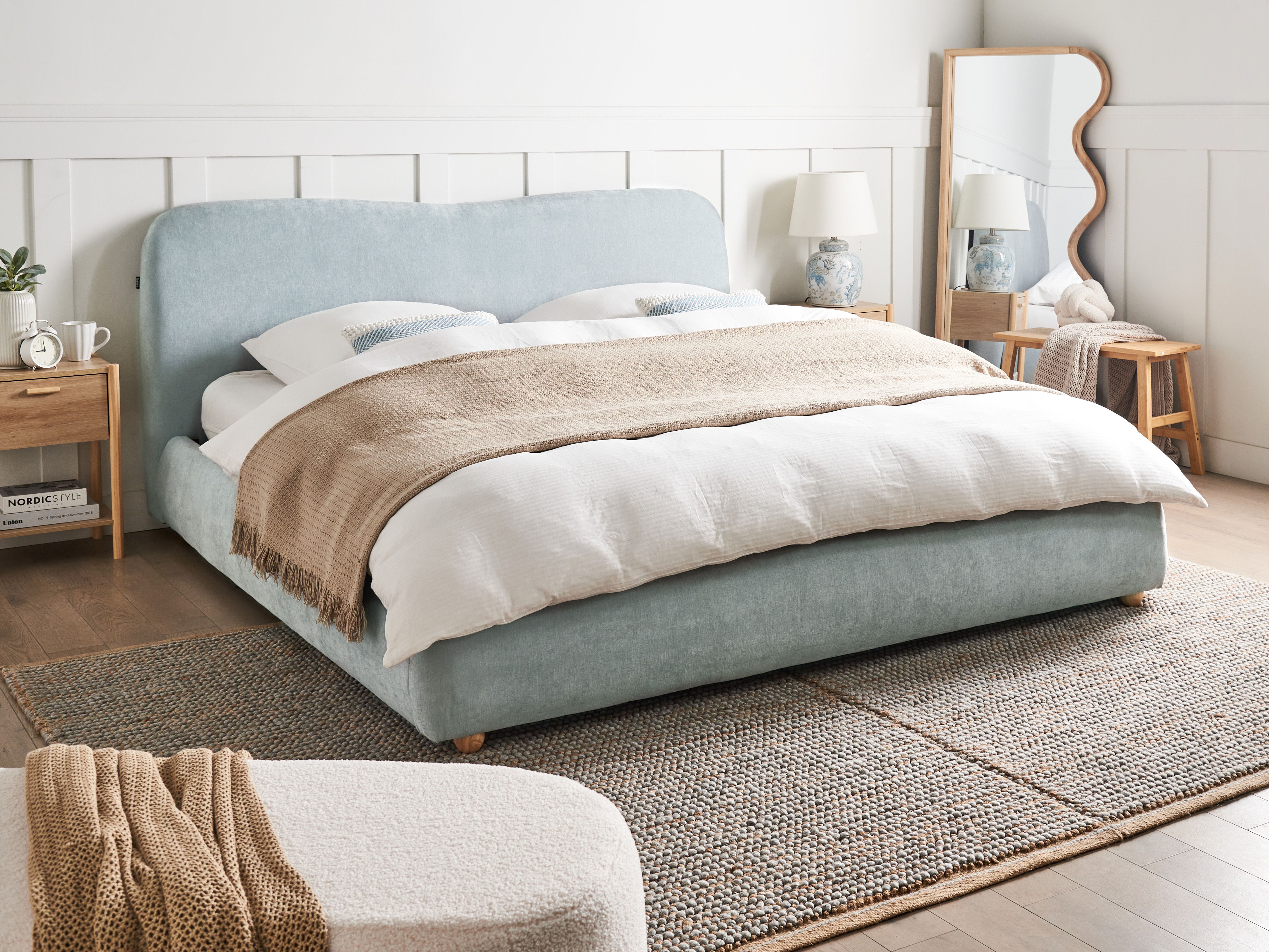 Ottoman Bed Chenille BLAGNAC 180 x 200 cm (EU Super King) Light Blue