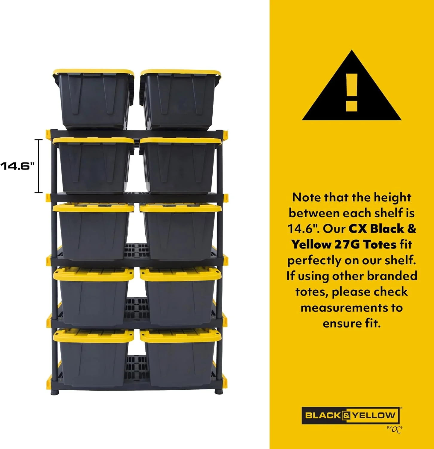 Black & Yellow, 5-Tier Heavy Duty Plastic Storage Shelving Unit, 200lbs/shelf (72��H x 48��W x 20��D), for Indoor/Outdoor Organization, Modular Rack - Image 3