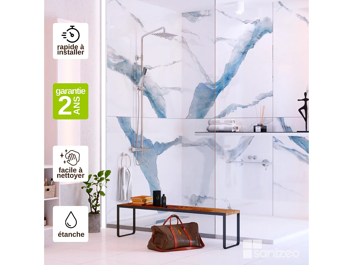 Kit 2 Panneaux Muraux Décoratifs de Douche - 120x120 cm  - Ép. 4mm - Effet Bleu - CALACATTA BLUE KOBERTIN