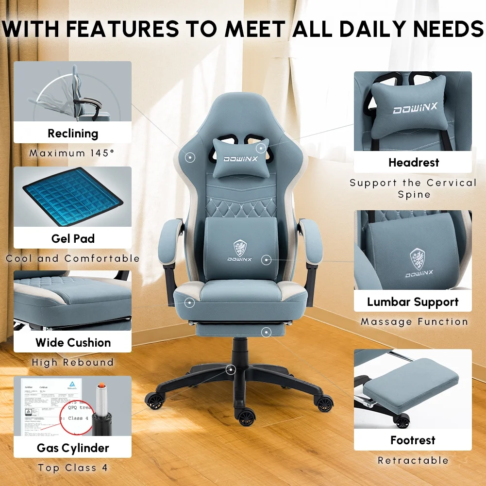 Dowinx Gaming Chair with Pocket Spring Cushion, Breathable Fabric Computer Chair with Gel Pad, Comfortable Office Chair with Storage Bag, Massage Game Chair with Footrest, Green - Image 31