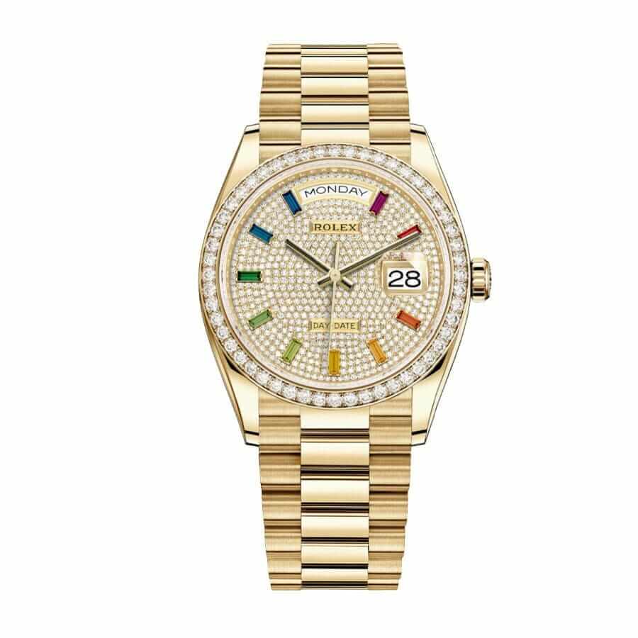 Rolex Day-Date Yellow Gold With Pave Diamond Dial Sapphire 128348RBR-0030 Replica - Elite Watch Atelier