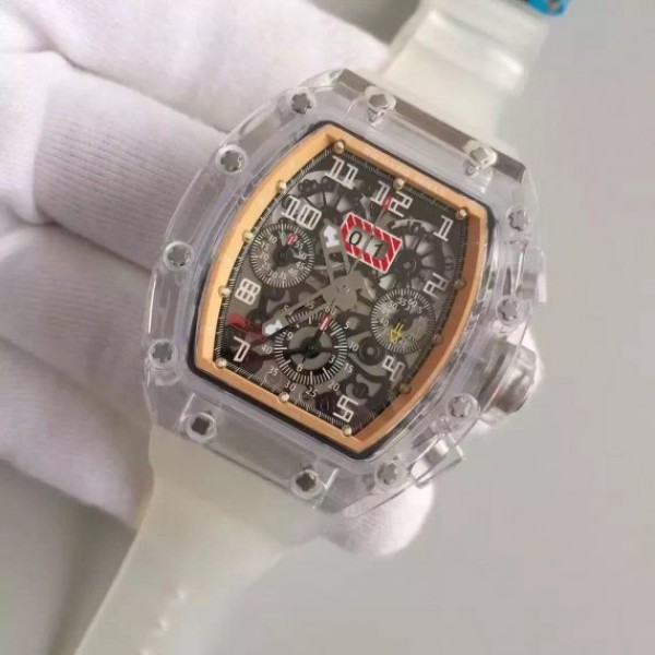 Replica Richard Mille RM011 Transparent Case RG/Black Bezel Skeleton Dial White Rubber Strap A7750 - Elite Watch Atelier