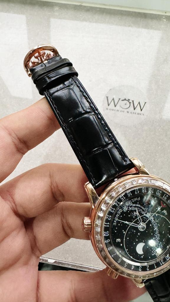 Replica PATEK PHILIPPE 6104P Moon RG Black Dial Diamond Bezel on Black Leather Strap A240 V2 - Top club