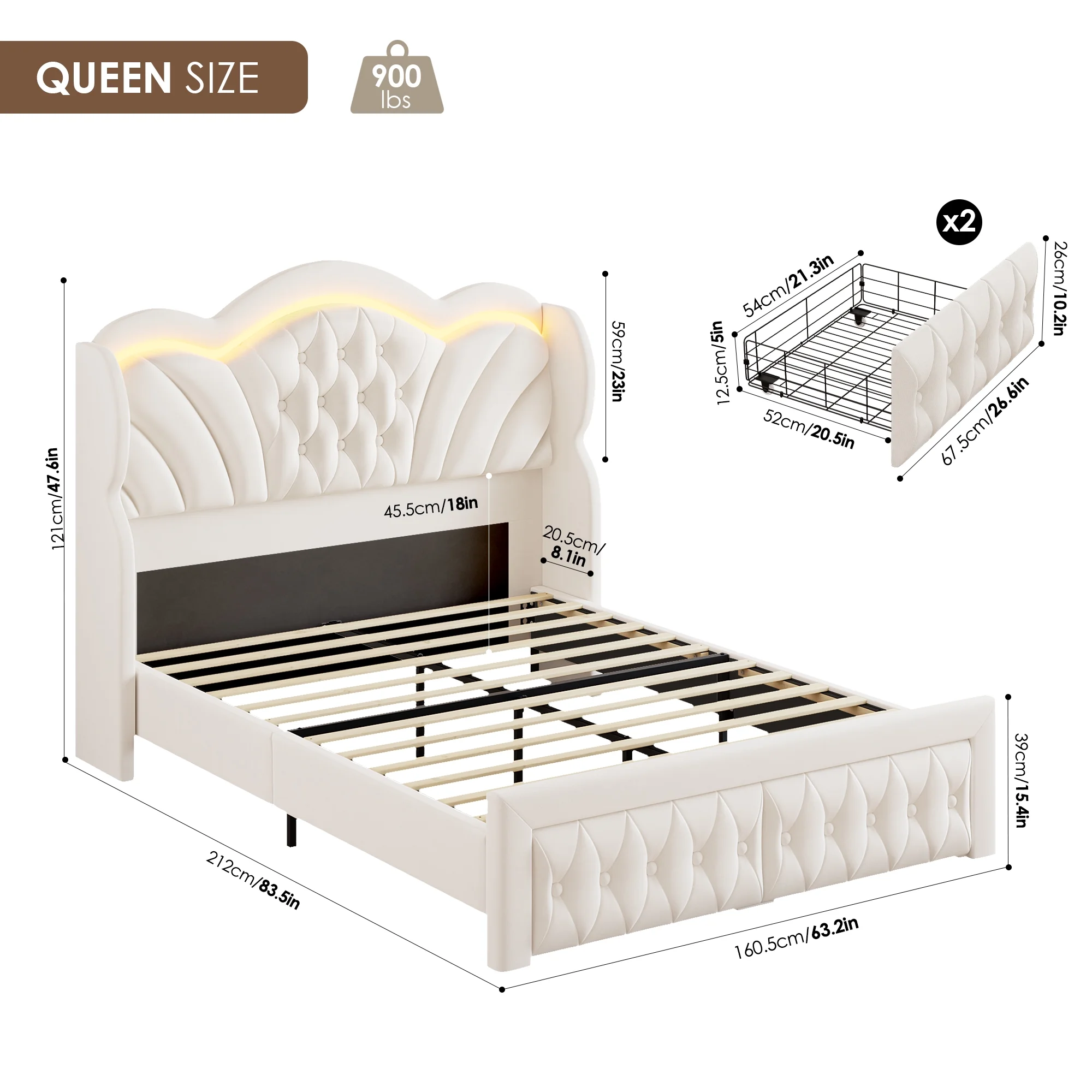 Hiphuta Modern Queen Bed Frame with 2 Drawers, LED Lights Platform Bed Frame, Sturdy Beds Frame with Upholstered Button Tufted Headboard, Velvet White - Image 8