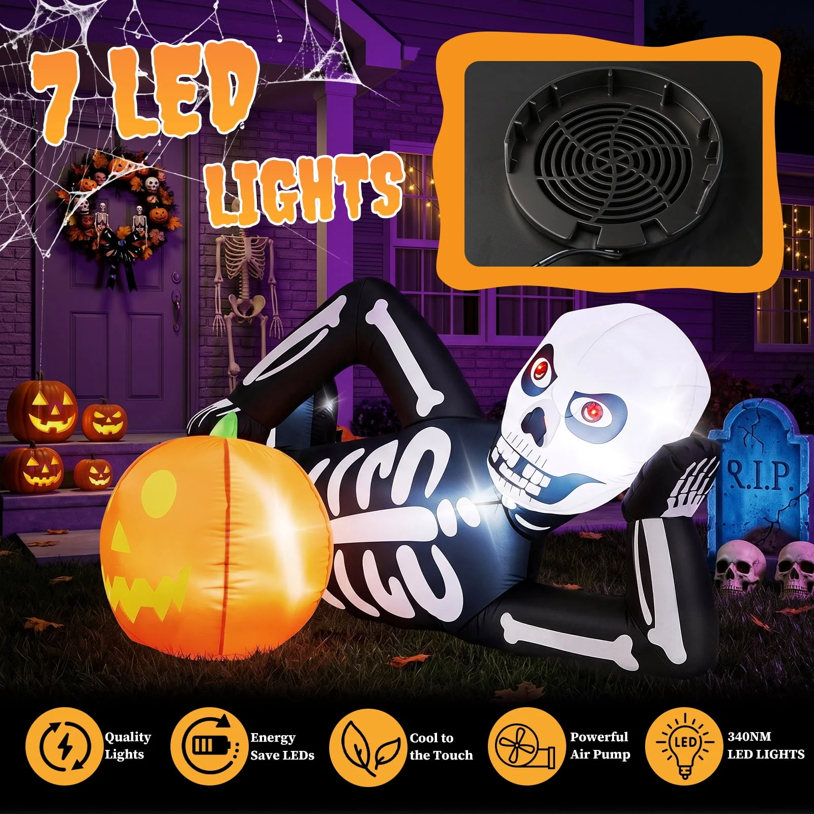 Ktaxon 7' Halloween Inflatables Skeleton Outdoor Halloween Decoration Reclining Skeleton with Pumpkin,Built-In LED Lights - Image 5 Ktaxon 7' Halloween Inflatables Skeleton Outdoor Halloween Decoration Reclining Skeleton with Pumpkin,Built-In LED Lights - Image 5