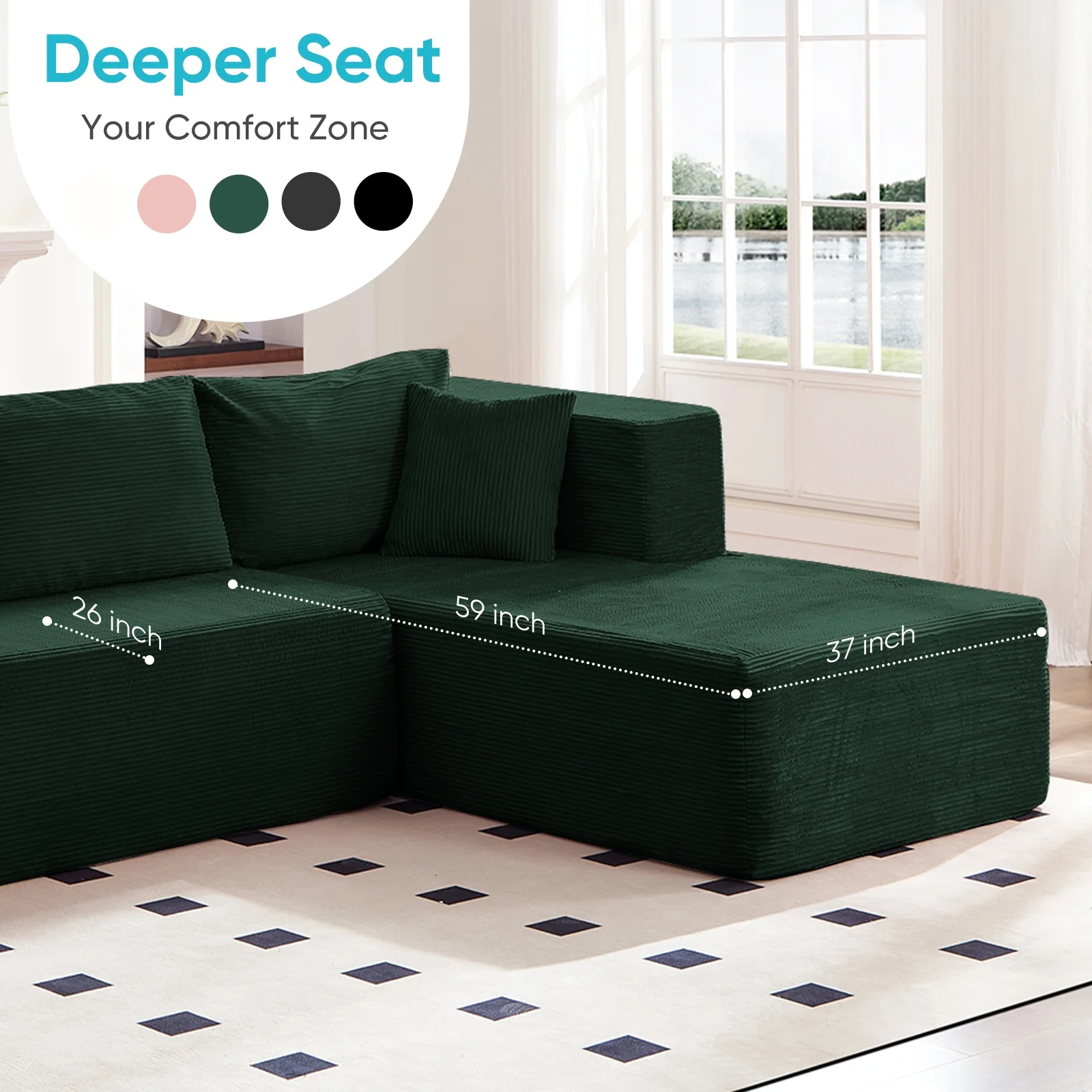 ZAFLY 106" Cloud Sectional Couch with Chaise, No Assembly Required L Shaped Sleeper Sofa, Oversized Deep Seat Modular Couches and Sofas for Living Room - Right, Black - Image 37