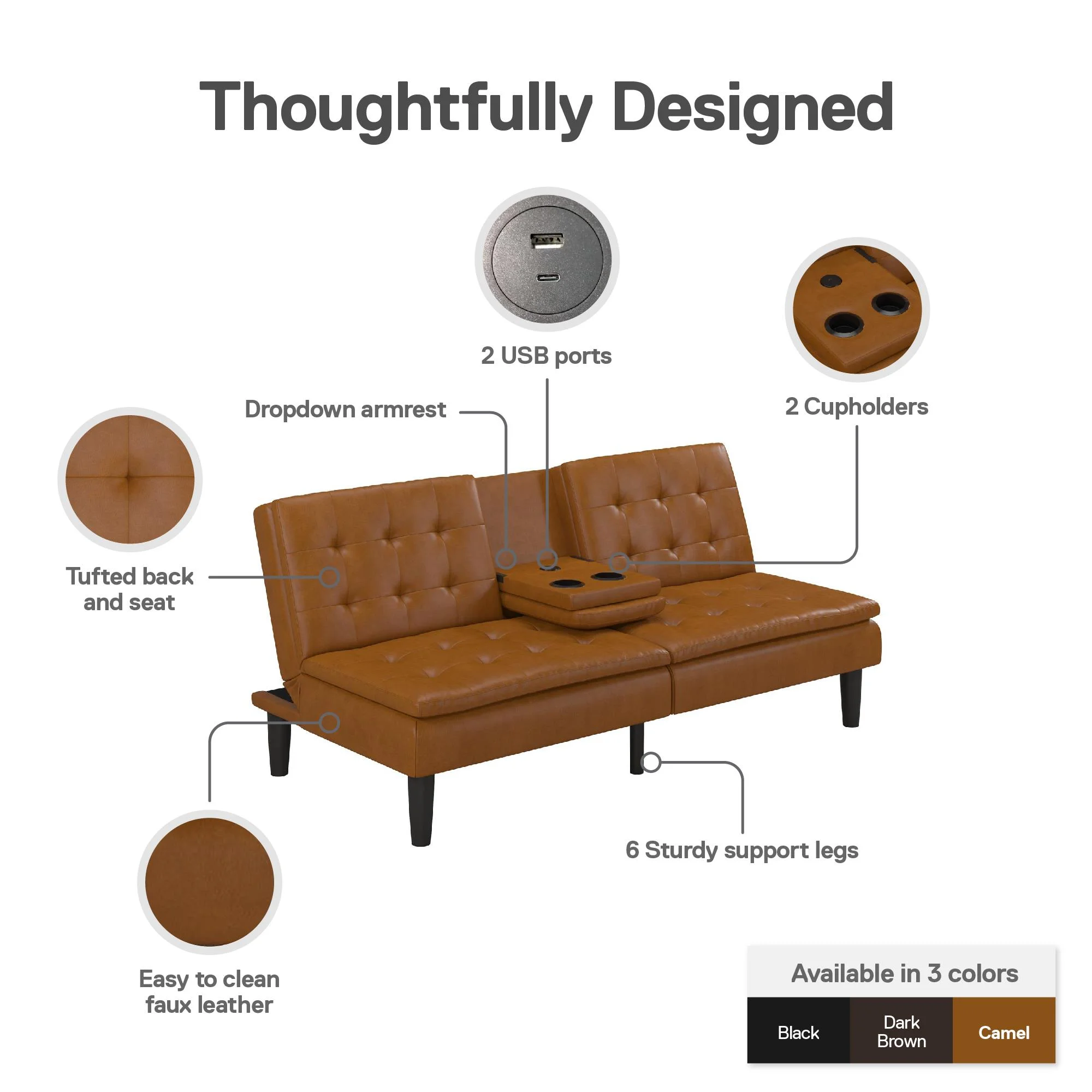 Mainstays Memory Foam 71.5" Futon with Cupholder and USB, Black Faux Leather - Image 34