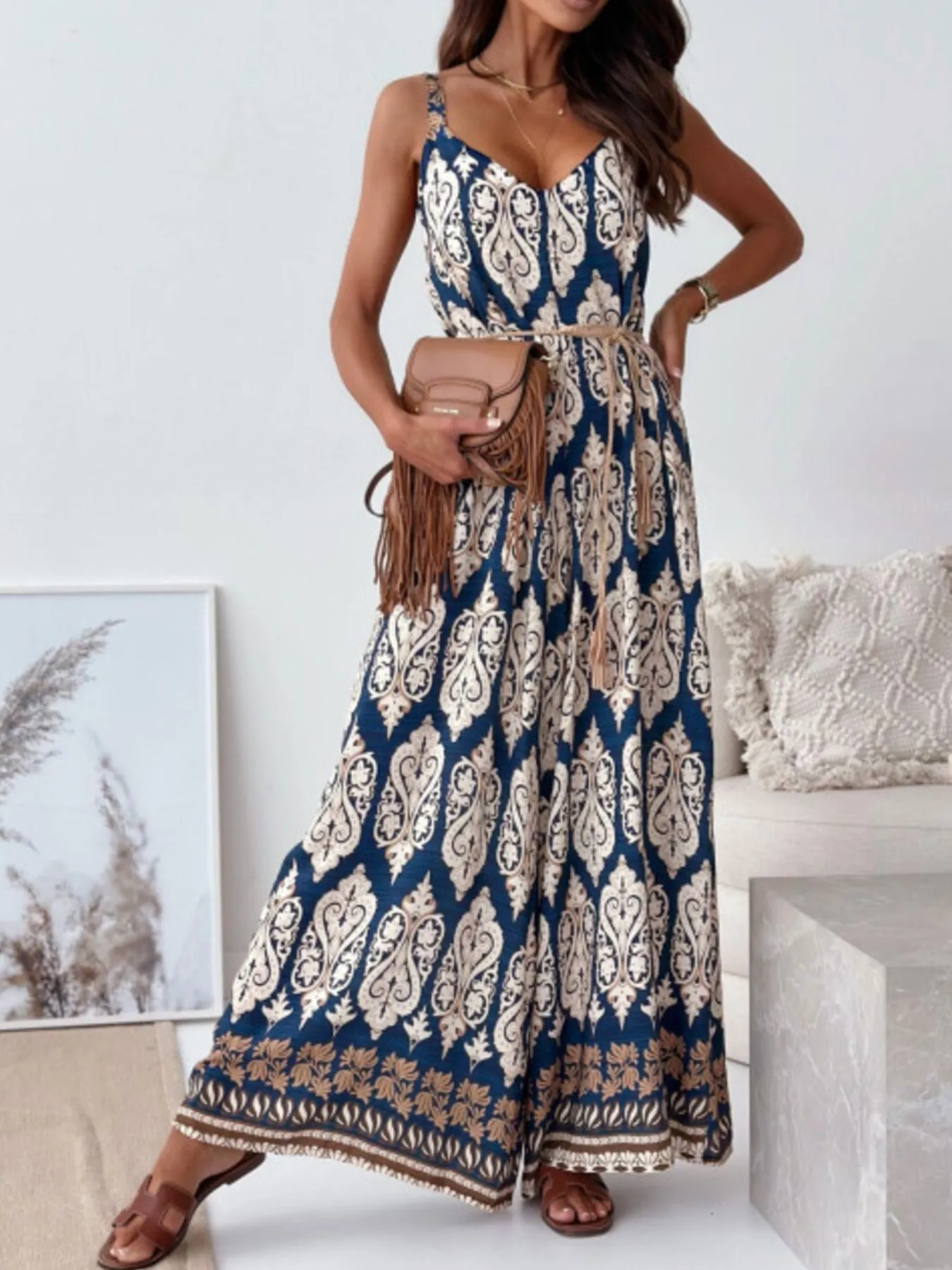 Paisley Print Spaghetti Strap Wide Leg Jumpsuit - ZKZOOK