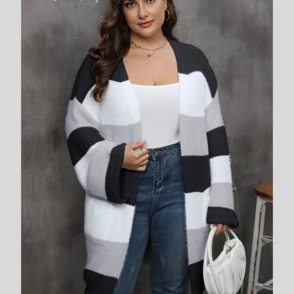Plus Size Open Front Long Sleeve Cardigan - ZKZOOK