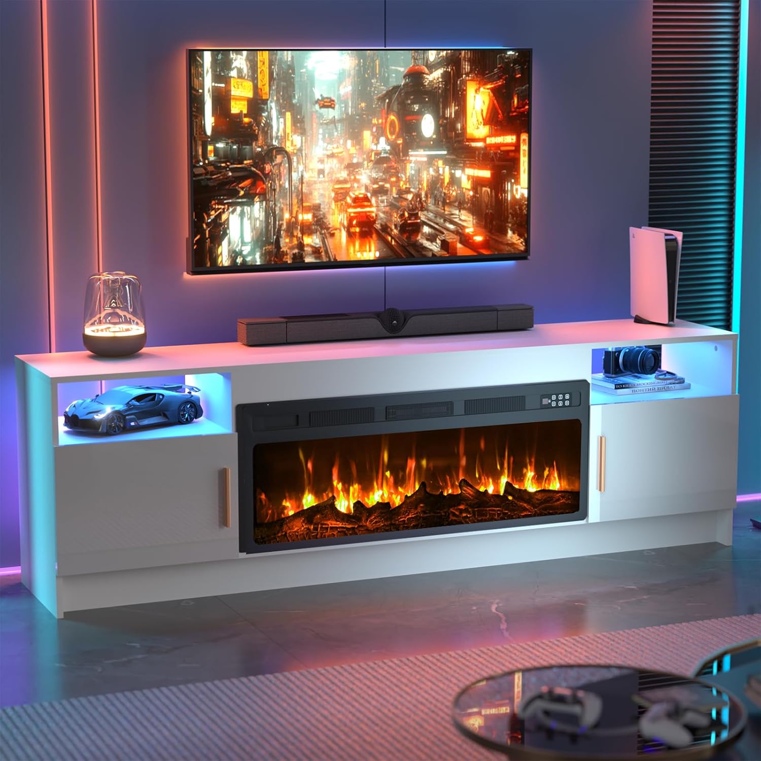 BREEZEHEAT TV Stand with Fireplace-Fireplace TV Stand for 75+ inch TV, LED Entertainment Center for Living Room w/ 36