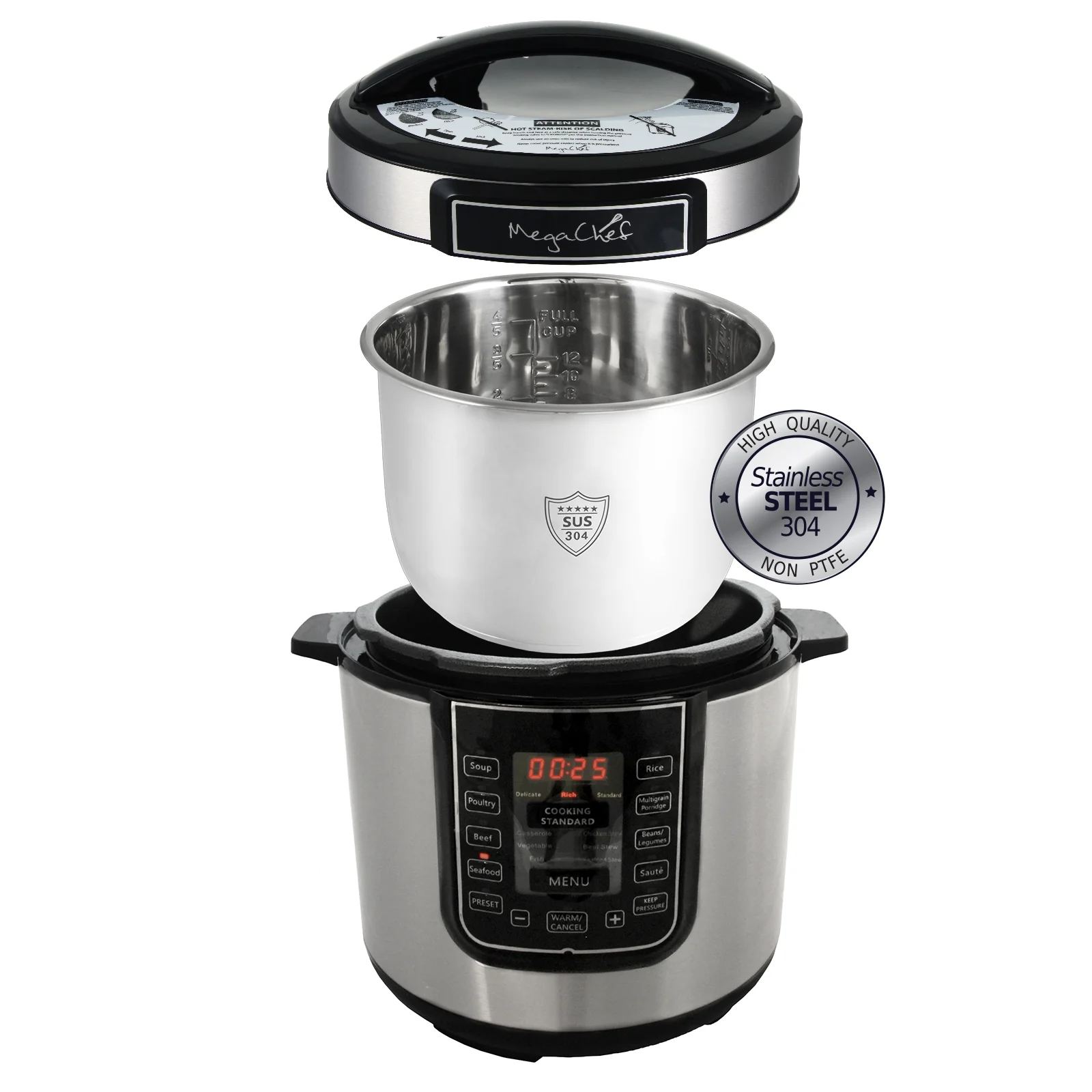 MegaChef 6 Quart Electric Pressure Cooker with 14 Pre-Set Multi-Function Features & Stainless Steel Pot