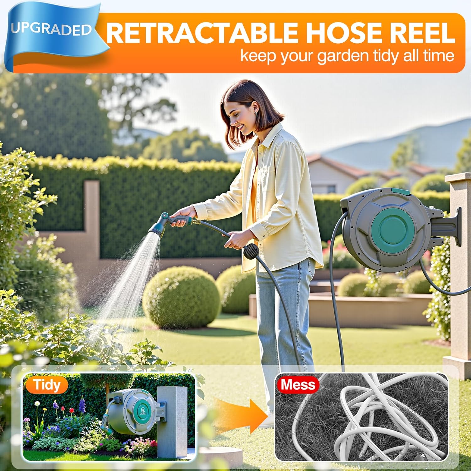 GILBEST Retractable Garden Hose Reel, 100 ft x 5/8 in, Green, 10-Function Nozzle - Image 2 GILBEST Retractable Garden Hose Reel, 100 ft x 5/8 in, Green, 10-Function Nozzle - Image 2