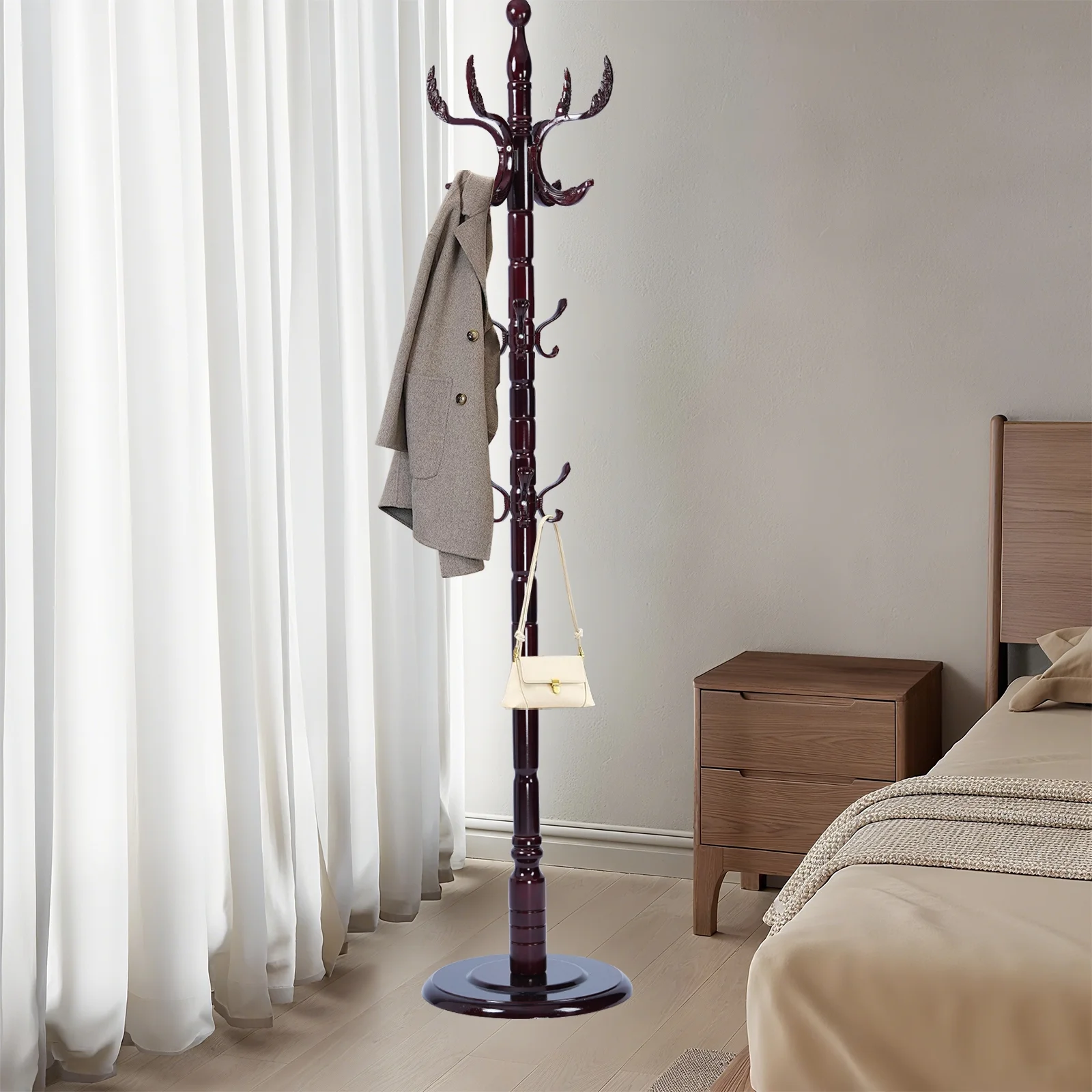 Coat Rack Freestanding, Hall Tree with 11 Hooks, Heavy Duty Wooden Coat Tree Stand, Adjustable Height, Sturdy Base for Bedroom Hallway Office - Load 270lbs - Image 17
